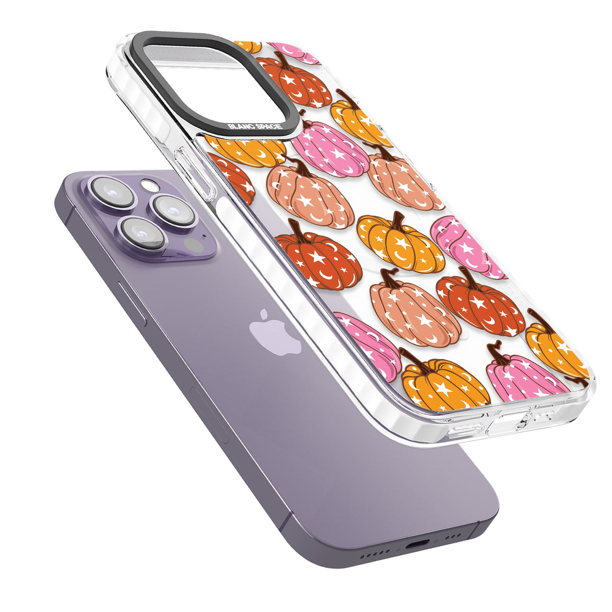 Pumpkin Starfall Pattern iPhone 13 Pro / iPhone 13 Pro Max / iPhone 14 Pro / iPhone 14 Pro Max / iPhone 15 Pro / iPhone 15 Pro Max Impact Pro Clear Phone Case angled