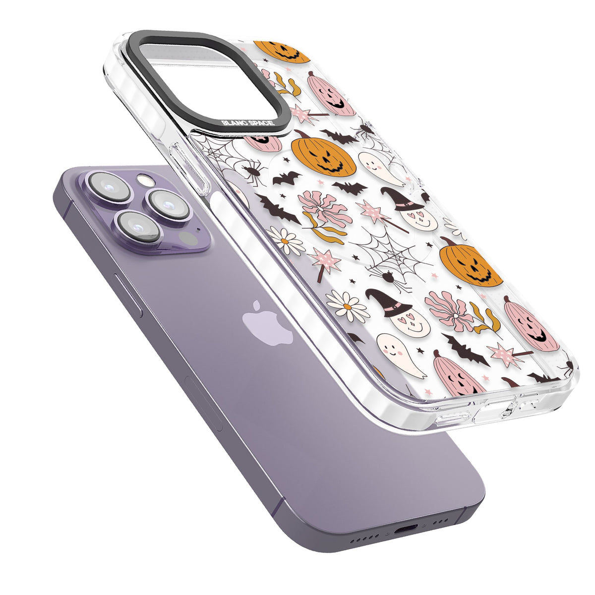 Spooky Mix iPhone 13 Pro / iPhone 13 Pro Max / iPhone 14 Pro / iPhone 14 Pro Max / iPhone 15 Pro / iPhone 15 Pro Max Impact Pro Clear Phone Case angled