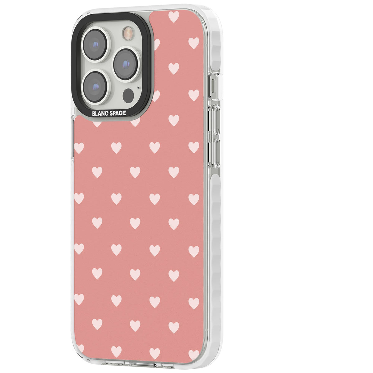 Small Heart Pattern: Pink iPhone 13 Pro / iPhone 13 Pro Max / iPhone 14 Pro / iPhone 14 Pro Max / iPhone 15 Pro / iPhone 15 Pro Max Impact Pro Clear Phone Case side