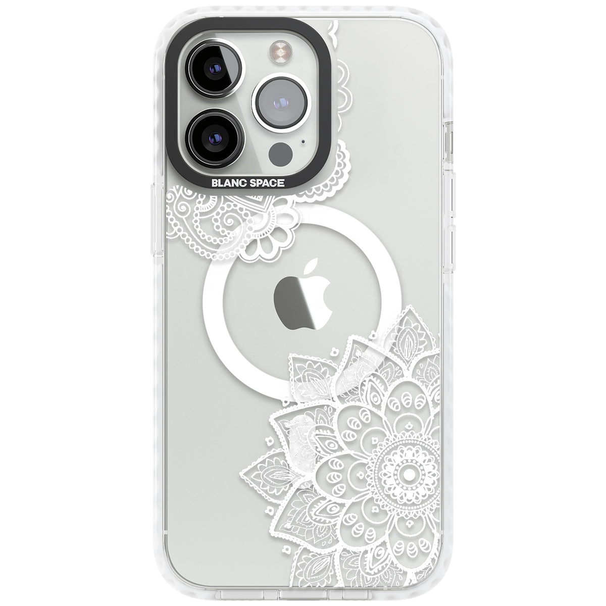 White Henna Florals iPhone 13 Pro / iPhone 13 Pro Max / iPhone 14 Pro / iPhone 14 Pro Max / iPhone 15 Pro / iPhone 15 Pro Max Impact Pro Clear Phone Case front