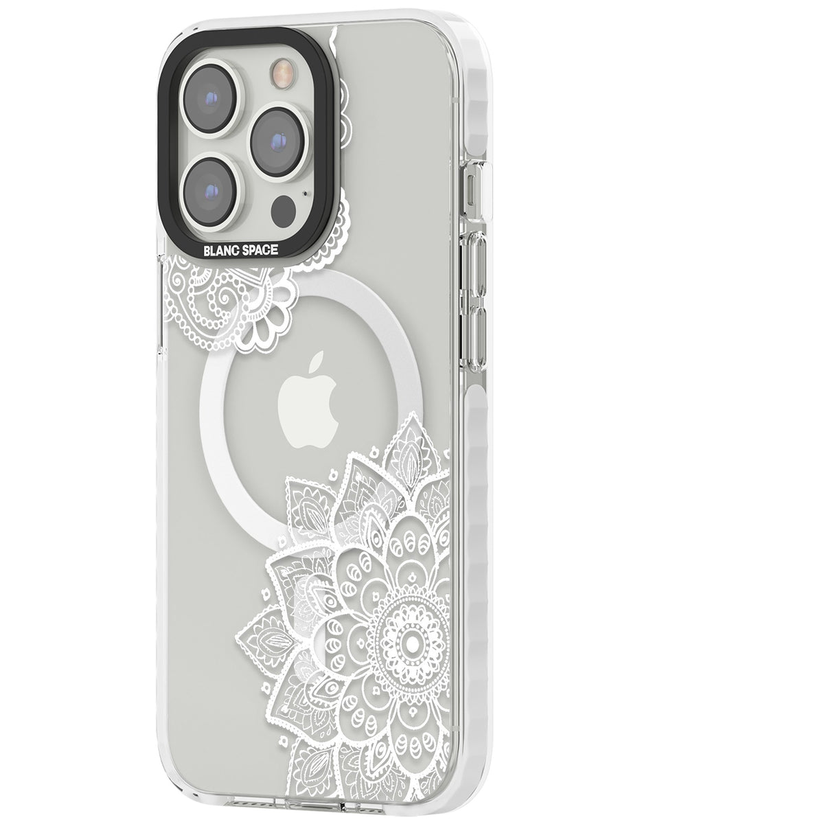 White Henna Florals iPhone 13 Pro / iPhone 13 Pro Max / iPhone 14 Pro / iPhone 14 Pro Max / iPhone 15 Pro / iPhone 15 Pro Max Impact Pro Clear Phone Case side
