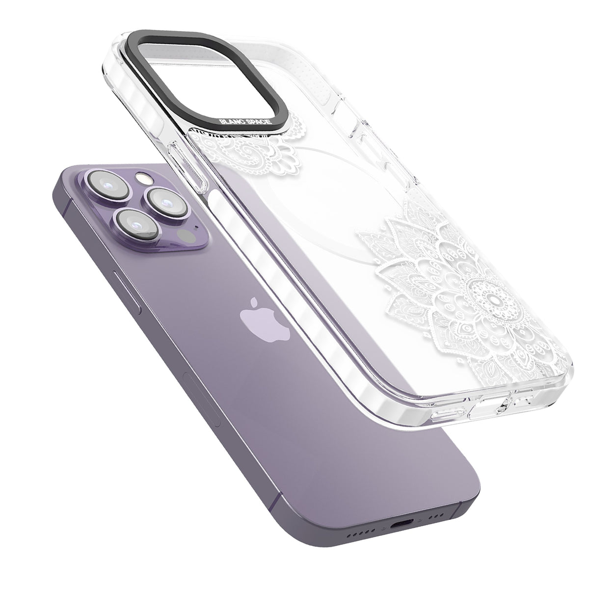 White Henna Florals iPhone 13 Pro / iPhone 13 Pro Max / iPhone 14 Pro / iPhone 14 Pro Max / iPhone 15 Pro / iPhone 15 Pro Max Impact Pro Clear Phone Case angled
