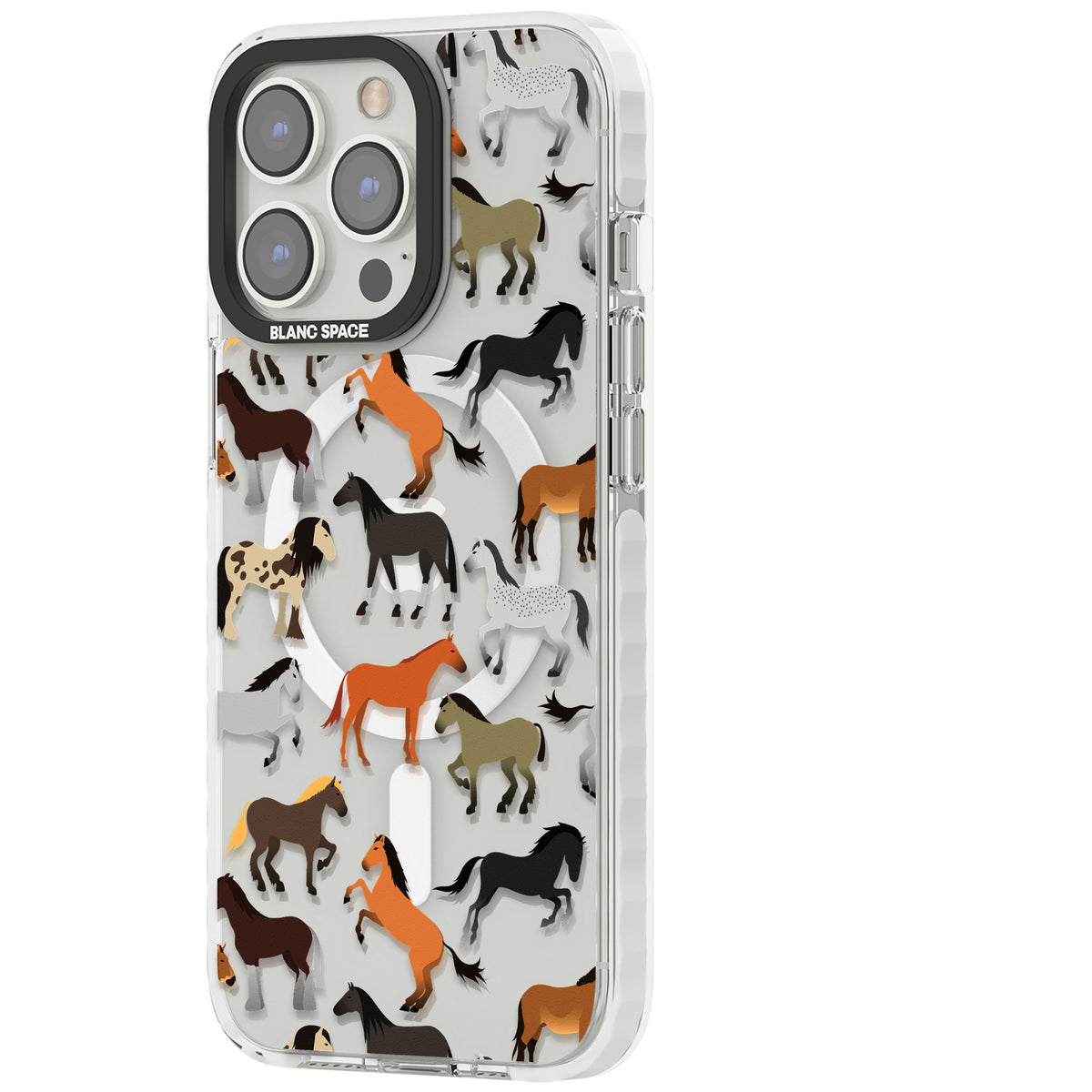 Horse Pattern iPhone 13 Pro / iPhone 13 Pro Max / iPhone 14 Pro / iPhone 14 Pro Max / iPhone 15 Pro / iPhone 15 Pro Max Impact Pro Clear Phone Case side