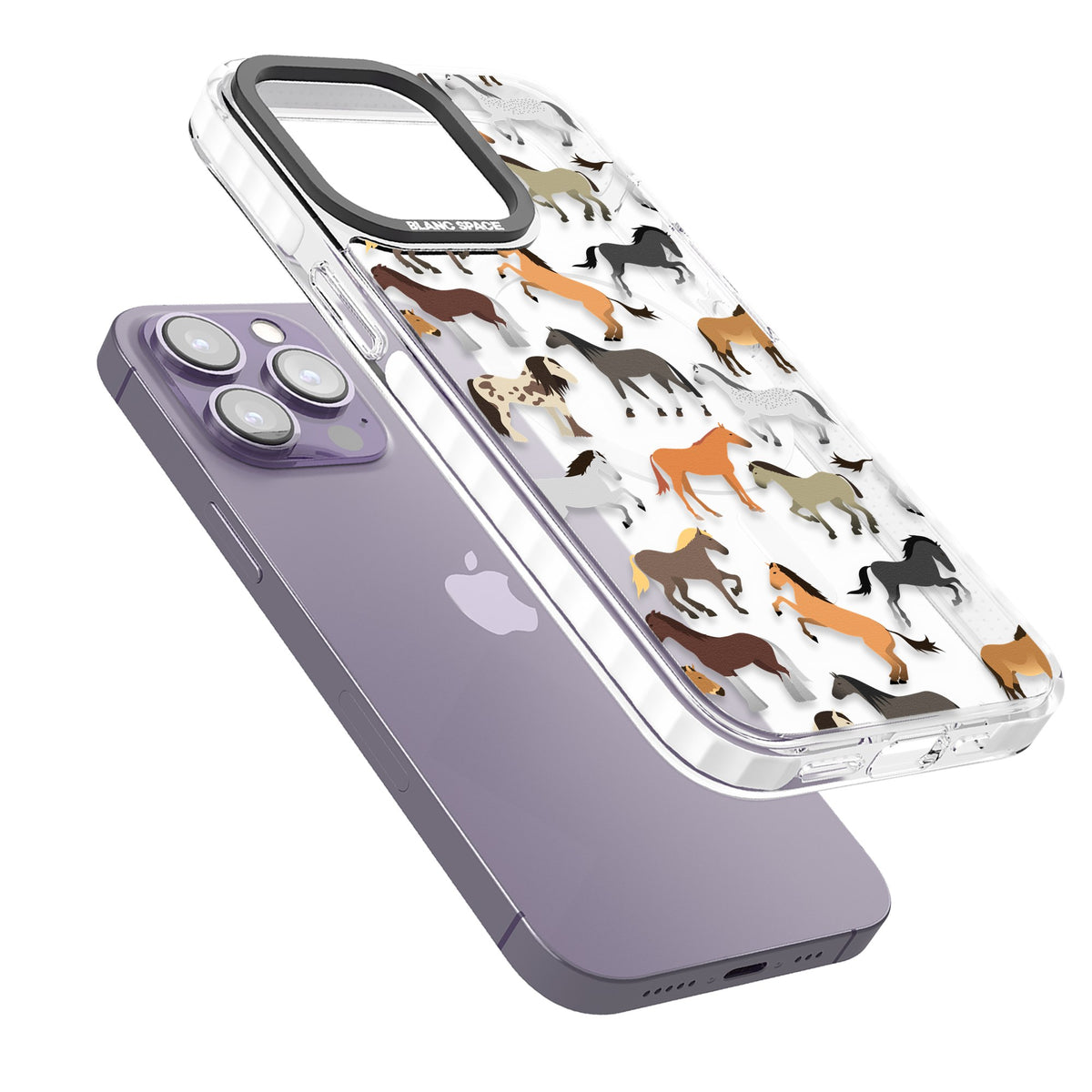 Horse Pattern iPhone 13 Pro / iPhone 13 Pro Max / iPhone 14 Pro / iPhone 14 Pro Max / iPhone 15 Pro / iPhone 15 Pro Max Impact Pro Clear Phone Case angled