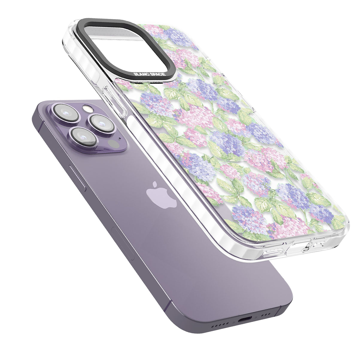 Cottage Hydrangea iPhone 13 Pro / iPhone 13 Pro Max / iPhone 14 Pro / iPhone 14 Pro Max / iPhone 15 Pro / iPhone 15 Pro Max Impact Pro Clear Phone Case angled
