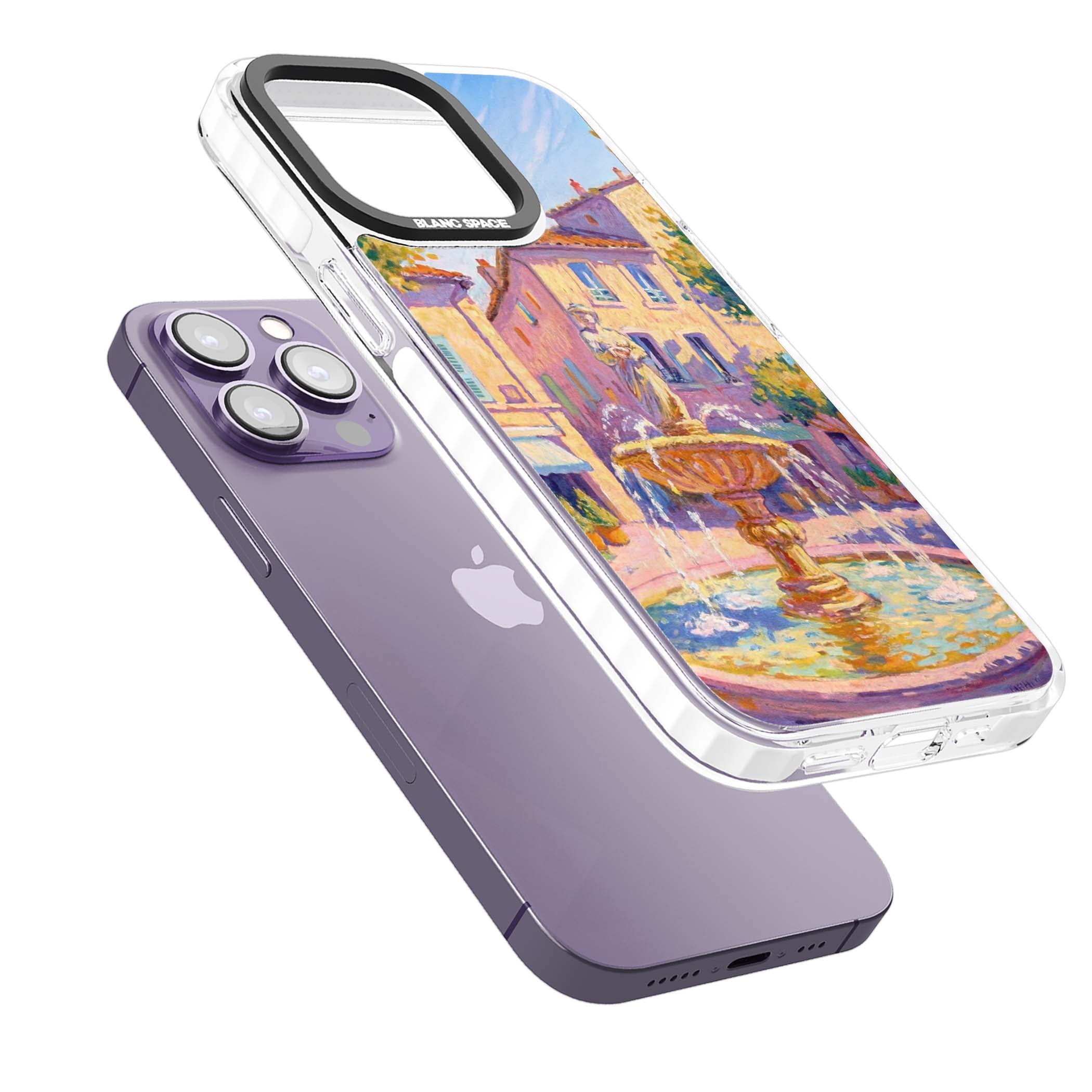 Fountain Square fine art iPhone case featuring an impressionist Provençal fountain, pastel village buildings and summe | Impact Magsafe case for iPhone 13 Pro, iPhone 14 Pro, iPhone 15 Pro
