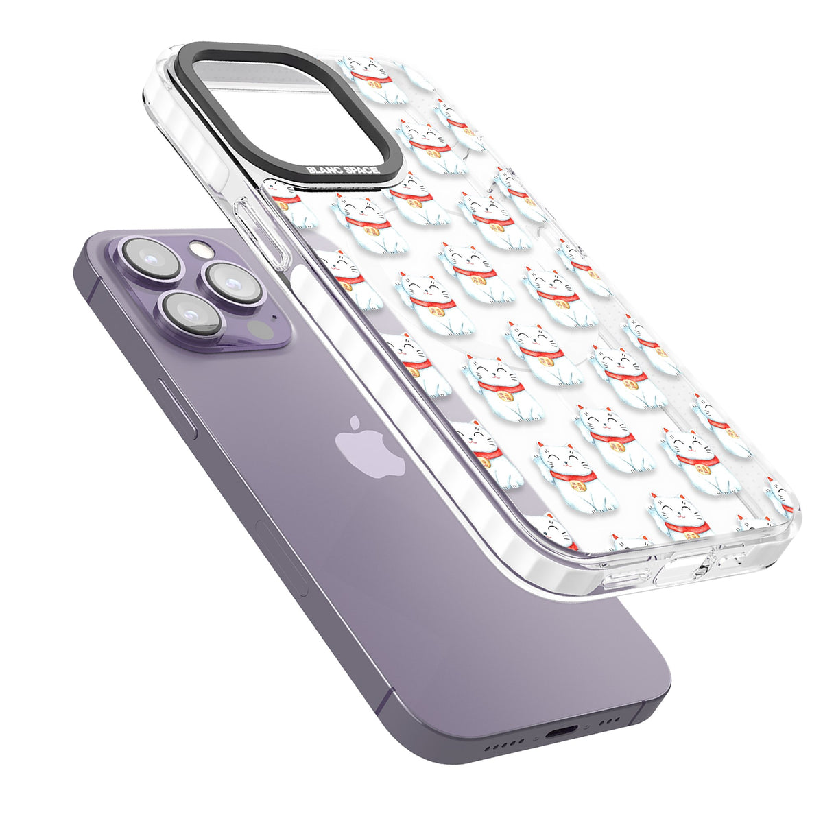 Lucky Cat Pattern iPhone 13 Pro / iPhone 13 Pro Max / iPhone 14 Pro / iPhone 14 Pro Max / iPhone 15 Pro / iPhone 15 Pro Max Impact Pro Clear Phone Case angled