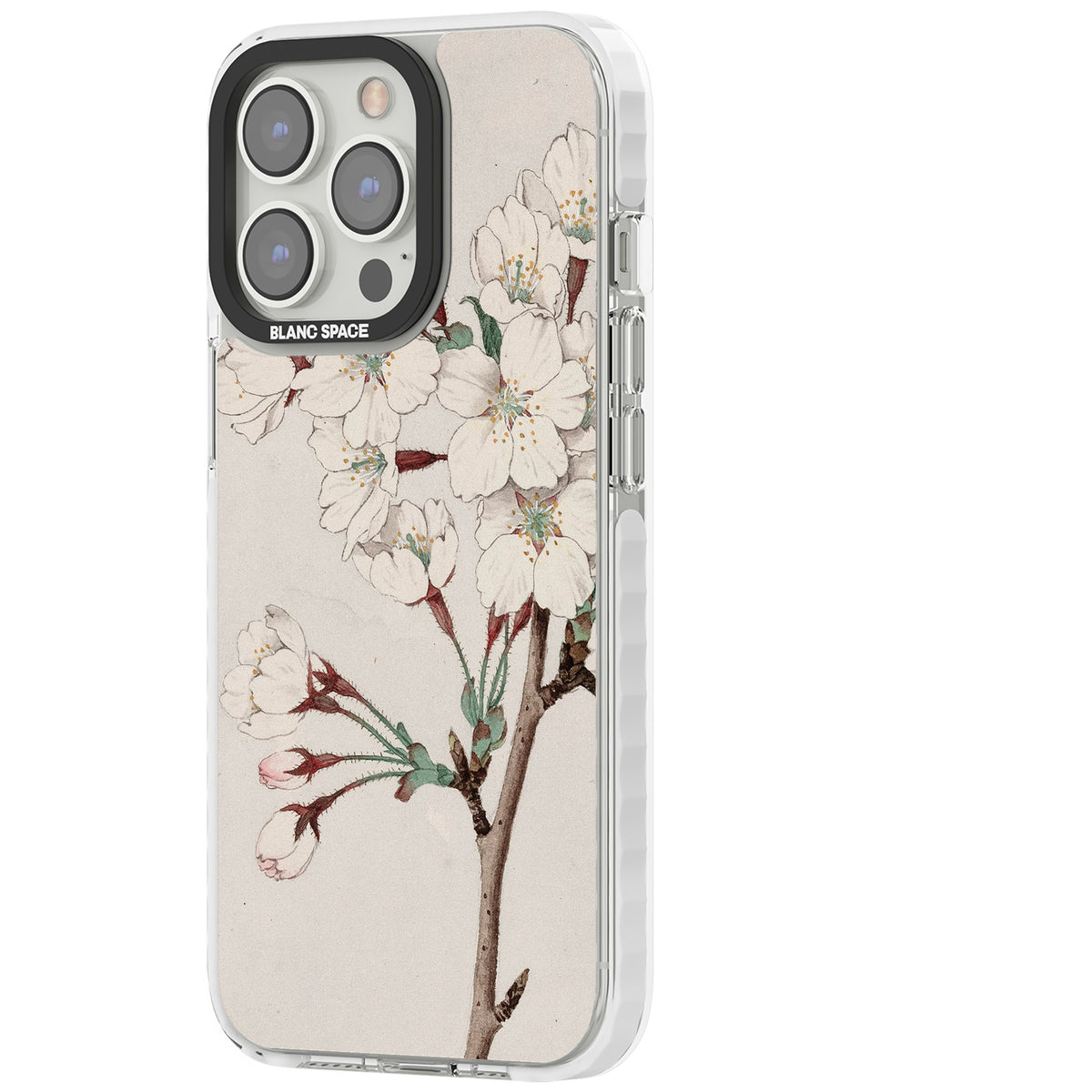 Vintage Japanese White Blossoms iPhone 13 Pro / iPhone 13 Pro Max / iPhone 14 Pro / iPhone 14 Pro Max / iPhone 15 Pro / iPhone 15 Pro Max Impact Pro Clear Phone Case side