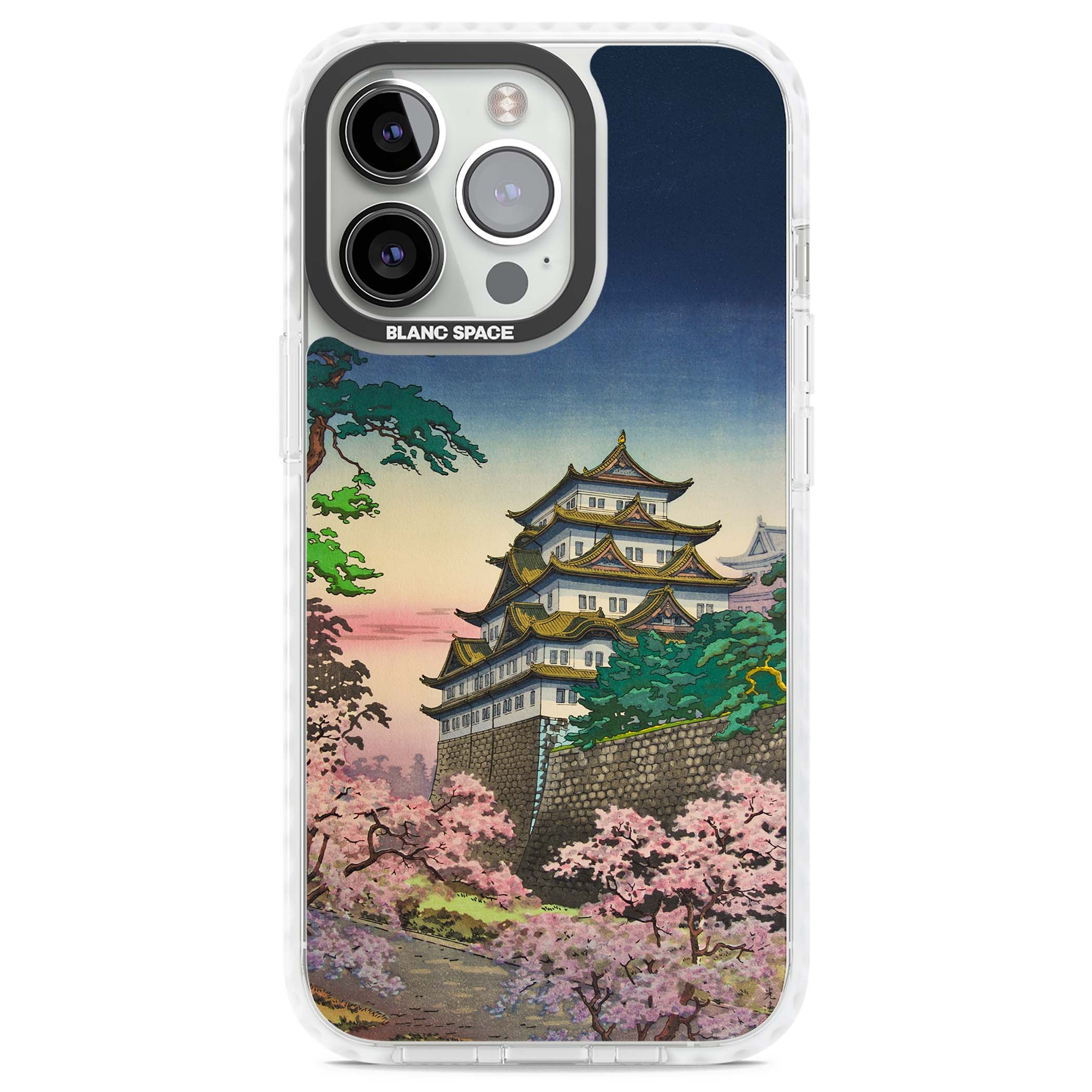 Nagoya Castle Japanese iPhone case featuring a vintage pagoda, twilight sky and cherry blossom trees | Impact Magsafe case for iPhone 13 Pro, iPhone 14 Pro, iPhone 15 Pro