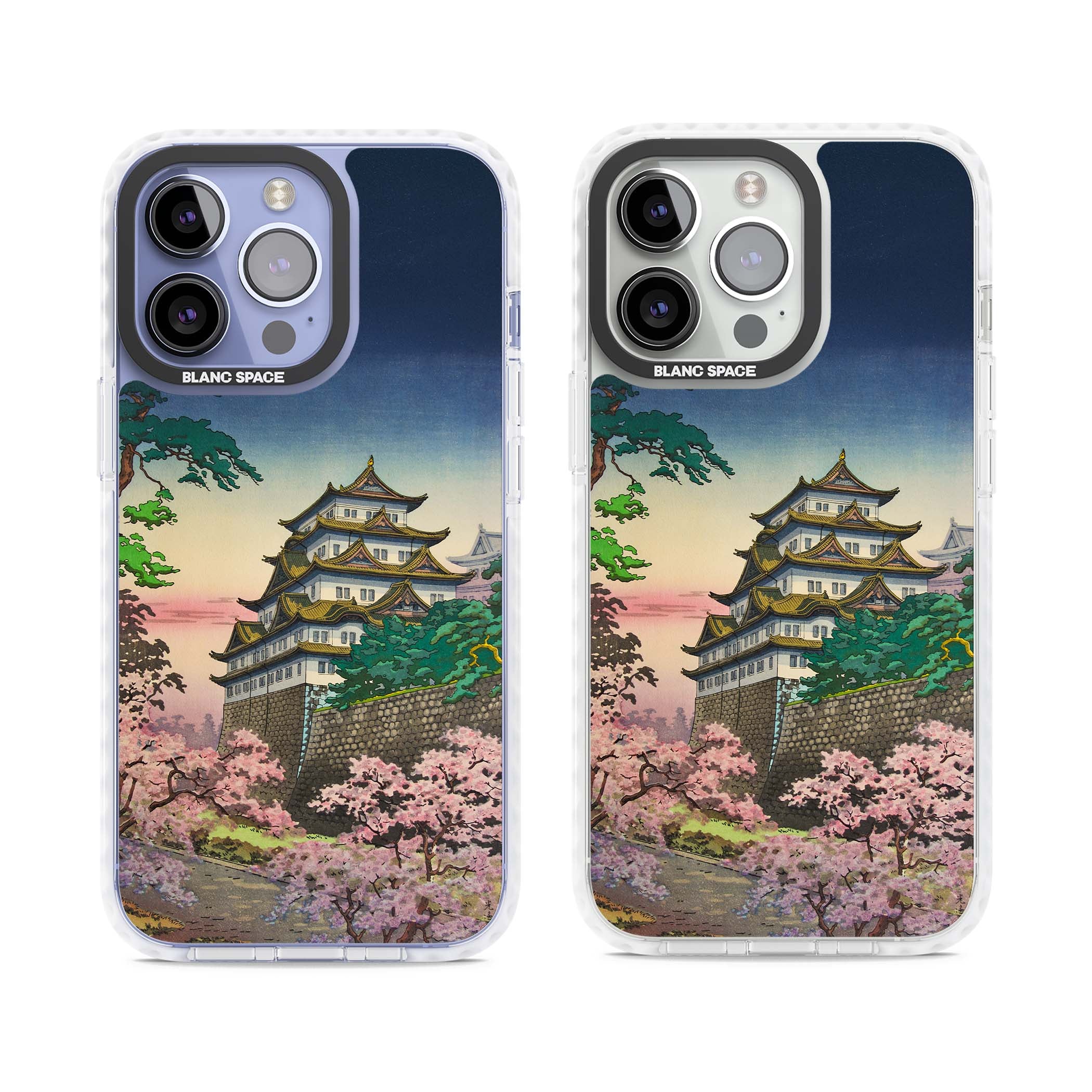 Nagoya Castle Japanese iPhone case featuring a vintage pagoda, twilight sky and cherry blossom trees | Impact Magsafe case for iPhone 13 Pro, iPhone 14 Pro, iPhone 15 Pro