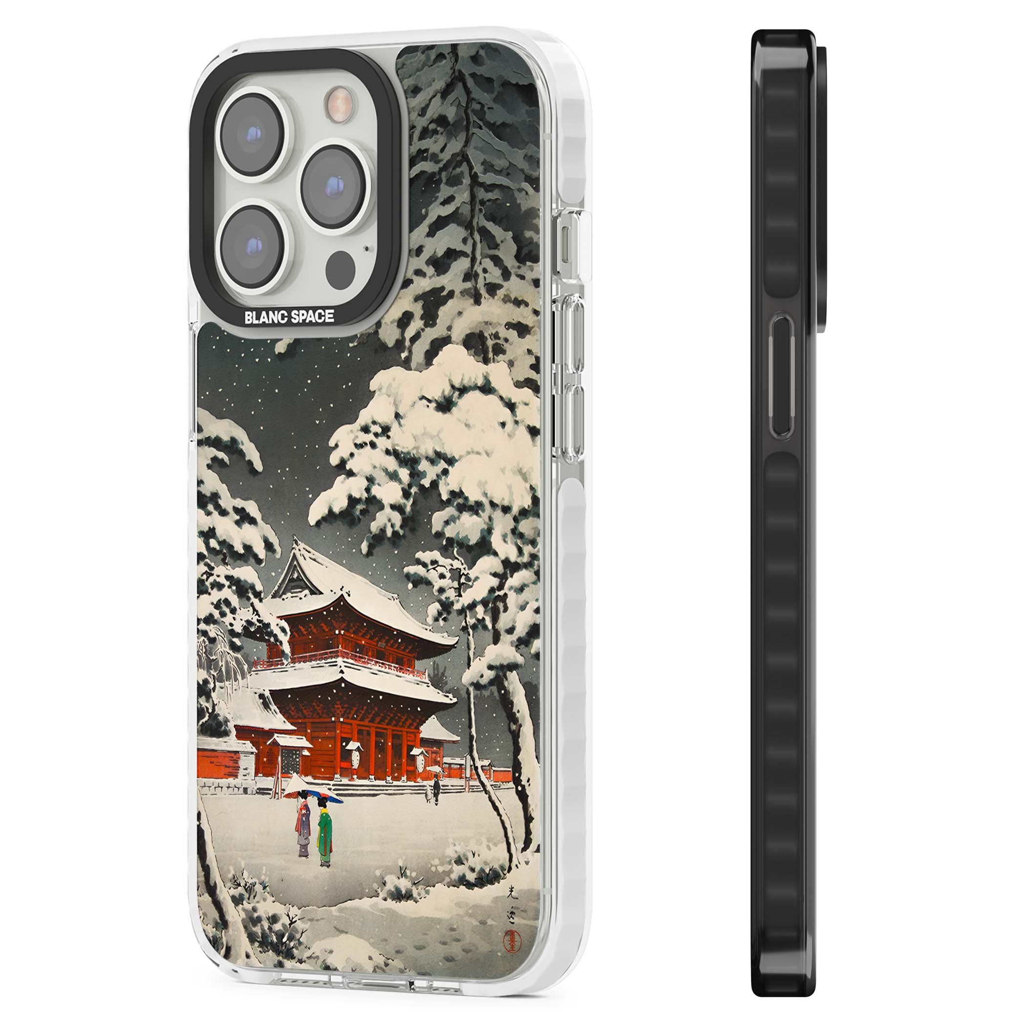 Snow at Shiha Park, Tokyo Japanese art iPhone case featuring a vintage ukiyo-e snowy temple, red pagoda, and snow-covered pin | Impact Magsafe case for iPhone 13 Pro, iPhone 14 Pro, iPhone 15 Pro