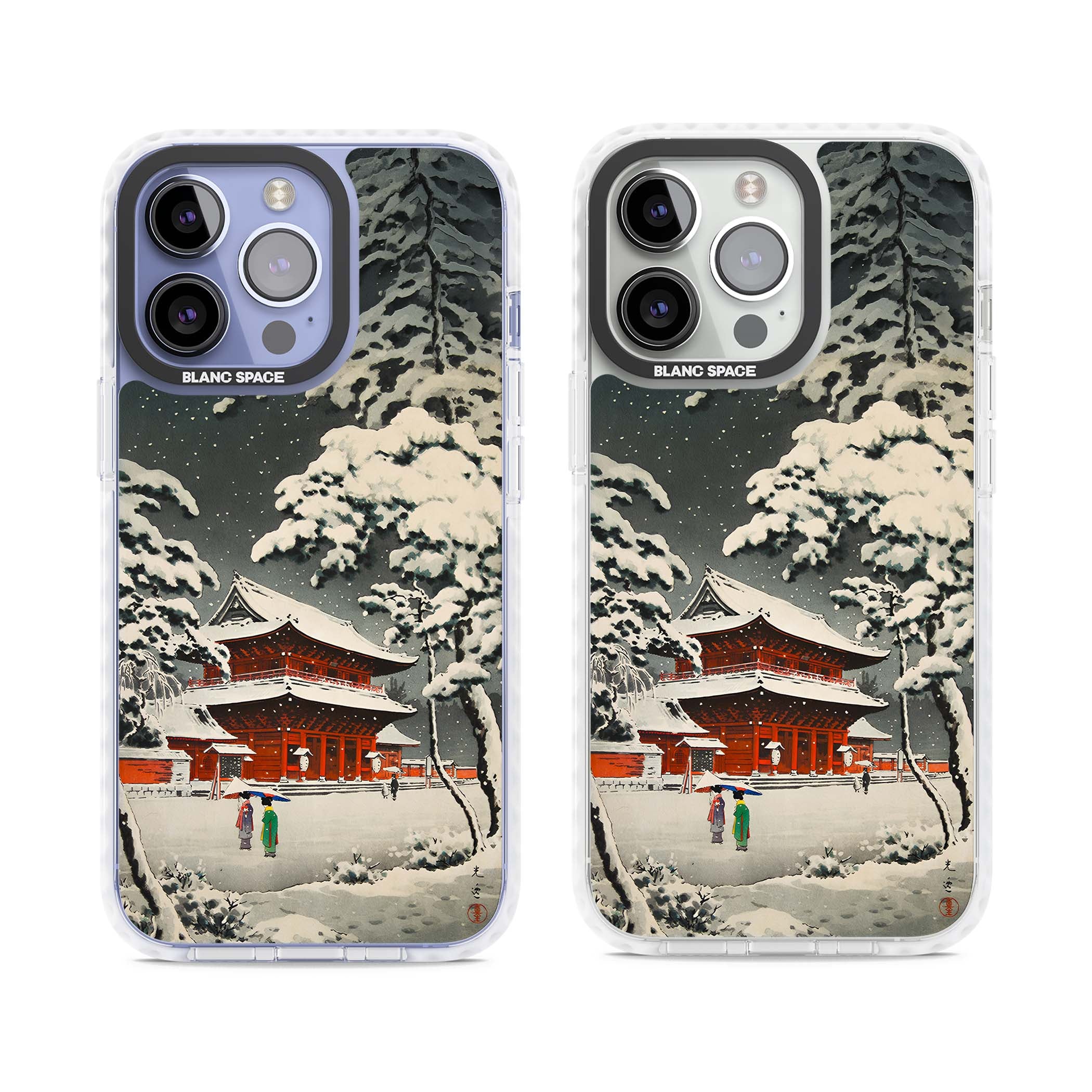 Snow at Shiha Park, Tokyo Japanese art iPhone case featuring a vintage ukiyo-e snowy temple, red pagoda, and snow-covered pin | Impact Magsafe case for iPhone 13 Pro, iPhone 14 Pro, iPhone 15 Pro