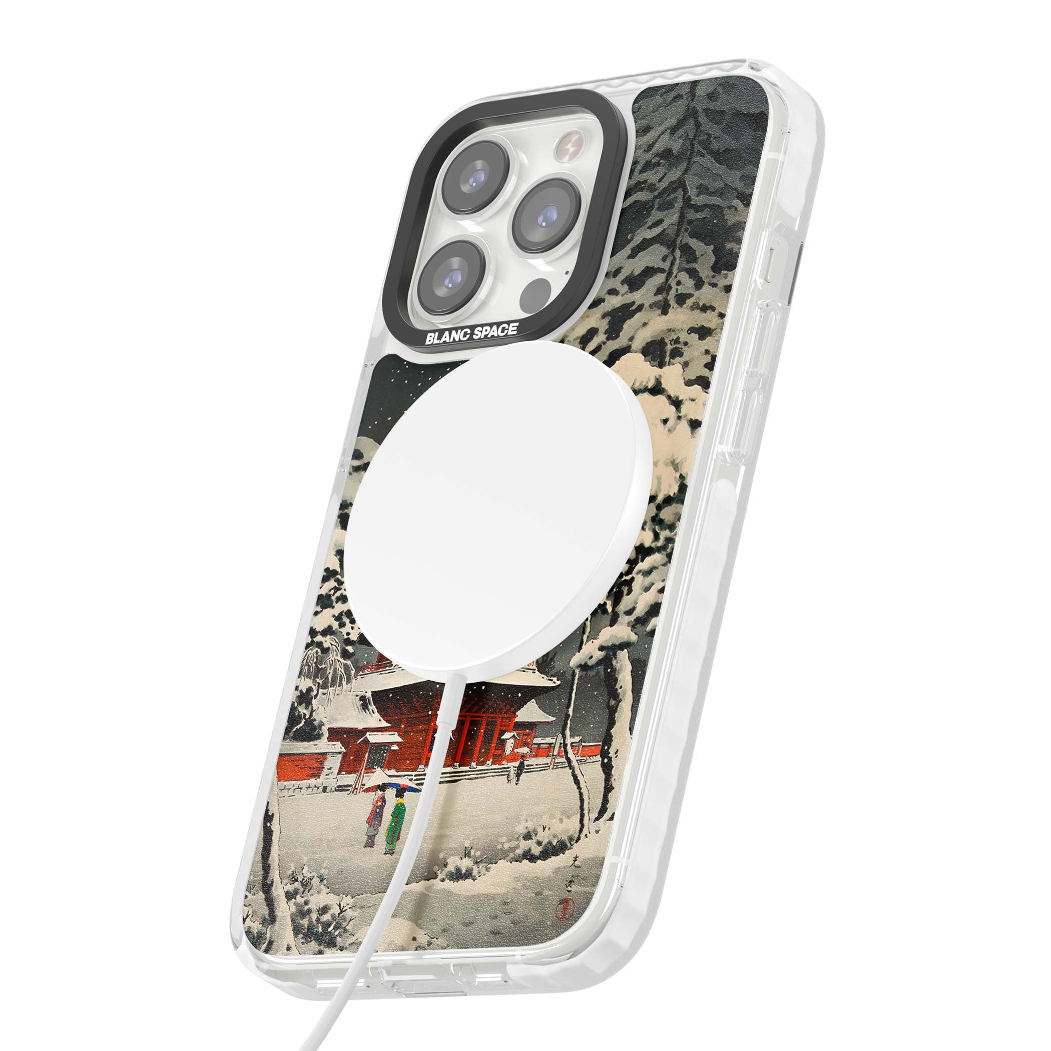 Snow at Shiha Park, Tokyo Japanese art iPhone case featuring a vintage ukiyo-e snowy temple, red pagoda, and snow-covered pin | Impact Magsafe case for iPhone 13 Pro, iPhone 14 Pro, iPhone 15 Pro