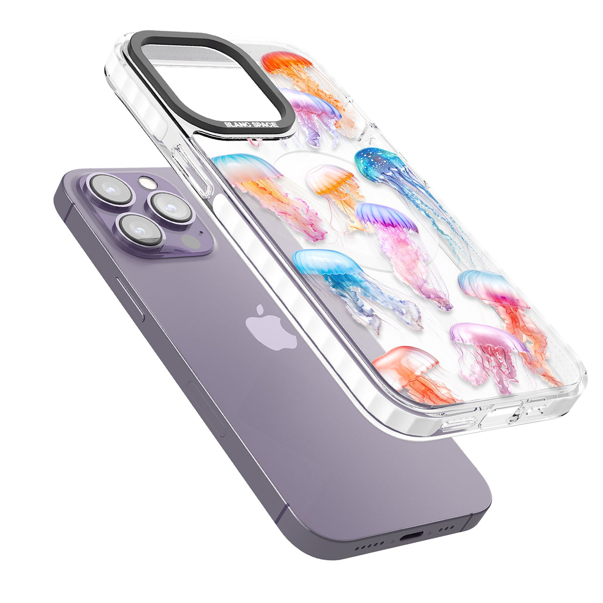 Vibrant Jellyfish iPhone 13 Pro / iPhone 13 Pro Max / iPhone 14 Pro / iPhone 14 Pro Max / iPhone 15 Pro / iPhone 15 Pro Max Impact Pro Clear Phone Case angled