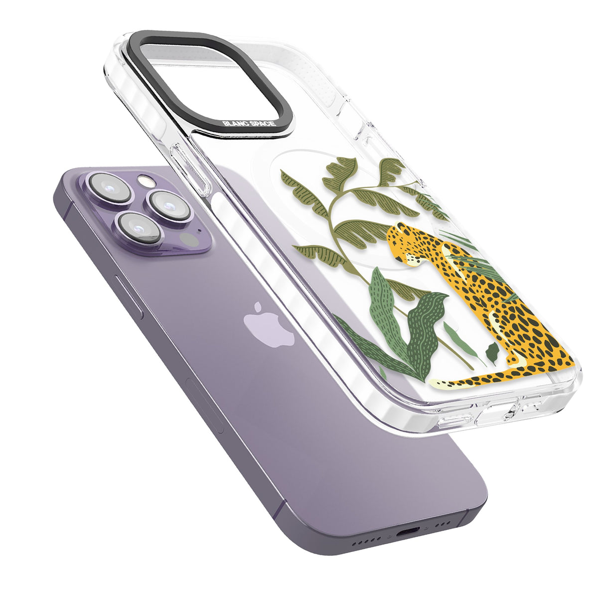 Large Jungle Cat Pattern iPhone 13 Pro / iPhone 13 Pro Max / iPhone 14 Pro / iPhone 14 Pro Max / iPhone 15 Pro / iPhone 15 Pro Max Impact Pro Clear Phone Case angled