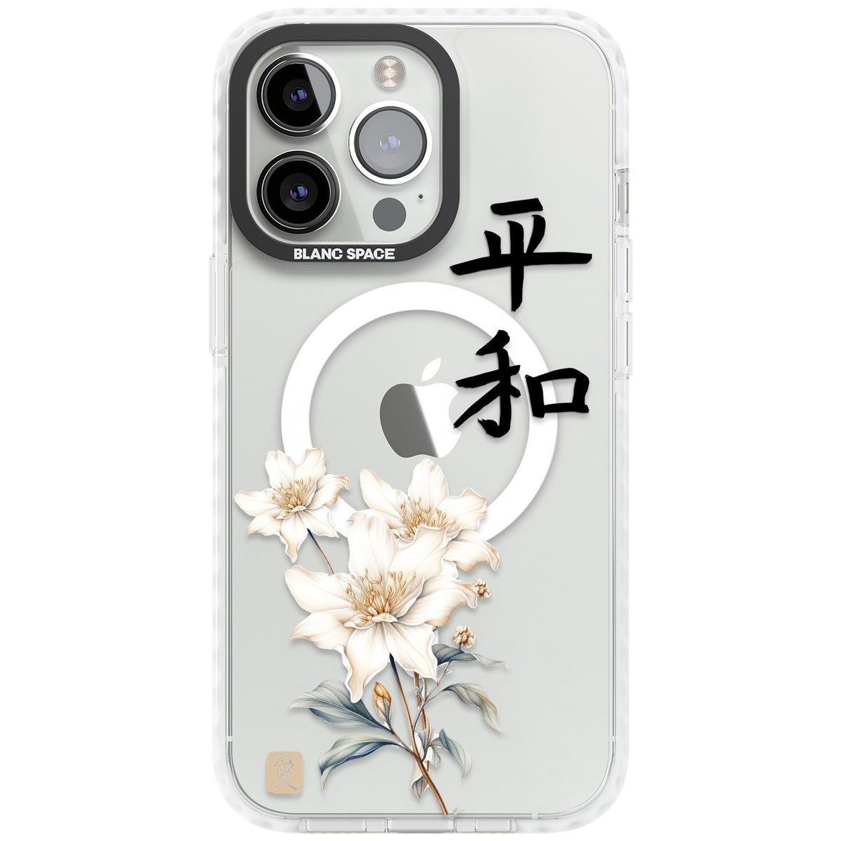 Peace And Flowers iPhone 13 Pro / iPhone 13 Pro Max / iPhone 14 Pro / iPhone 14 Pro Max / iPhone 15 Pro / iPhone 15 Pro Max Impact Pro Clear Phone Case front