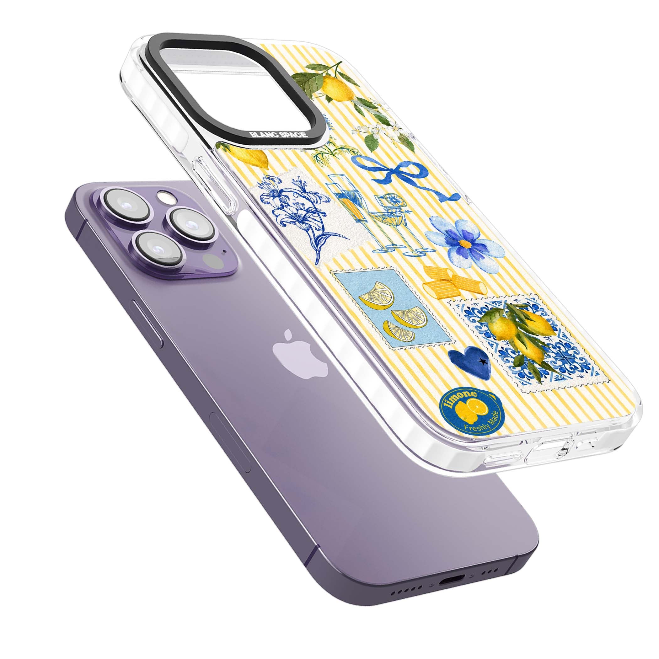 Limone Riviera Italian summer iPhone case featuring watercolour lemons, blue ribbon bows and majolica tile stamps on... | Impact Magsafe case for iPhone 13 Pro, iPhone 14 Pro, iPhone 15 Pro