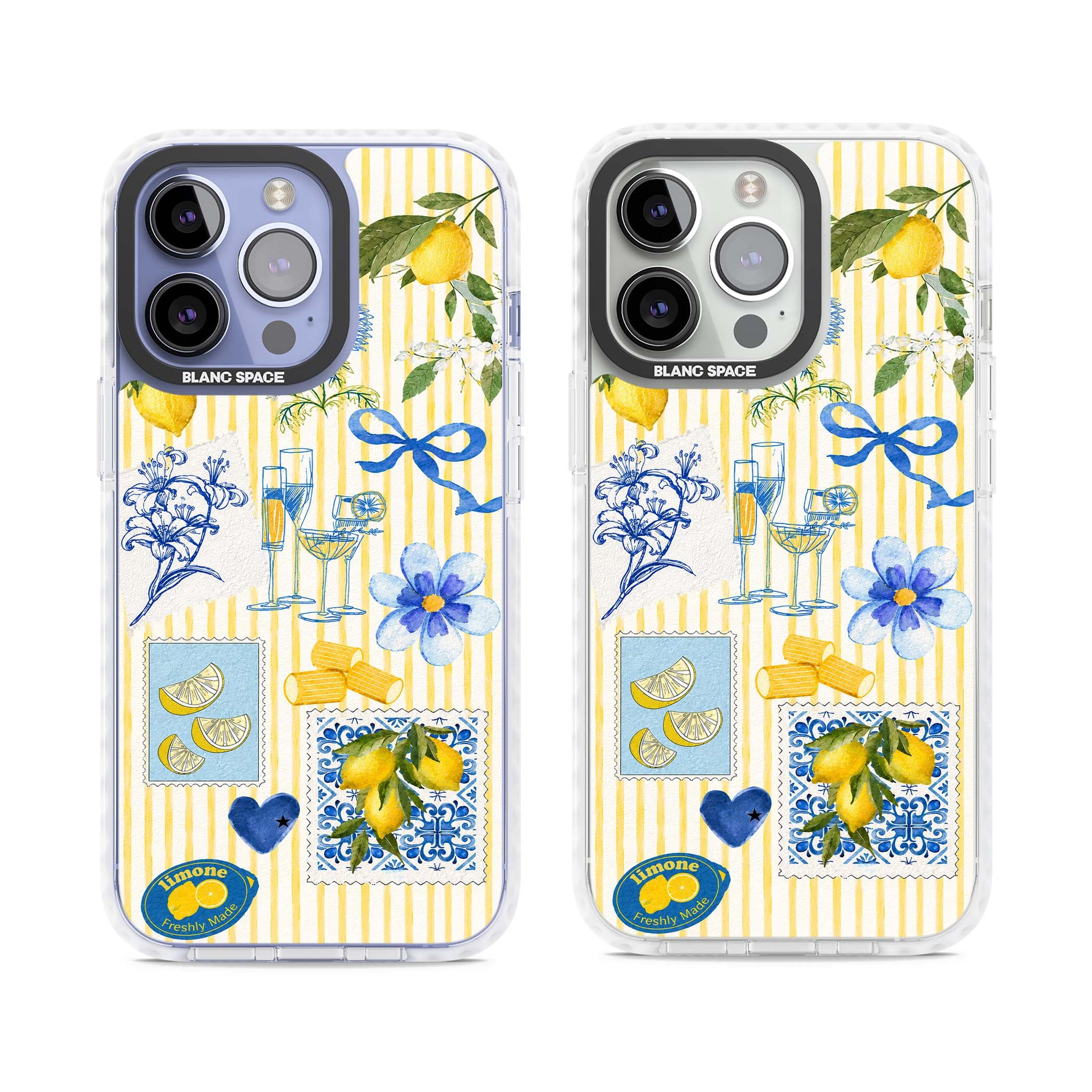 Limone Riviera Italian summer iPhone case featuring watercolour lemons, blue ribbon bows and majolica tile stamps on... | Impact Magsafe case for iPhone 13 Pro, iPhone 14 Pro, iPhone 15 Pro