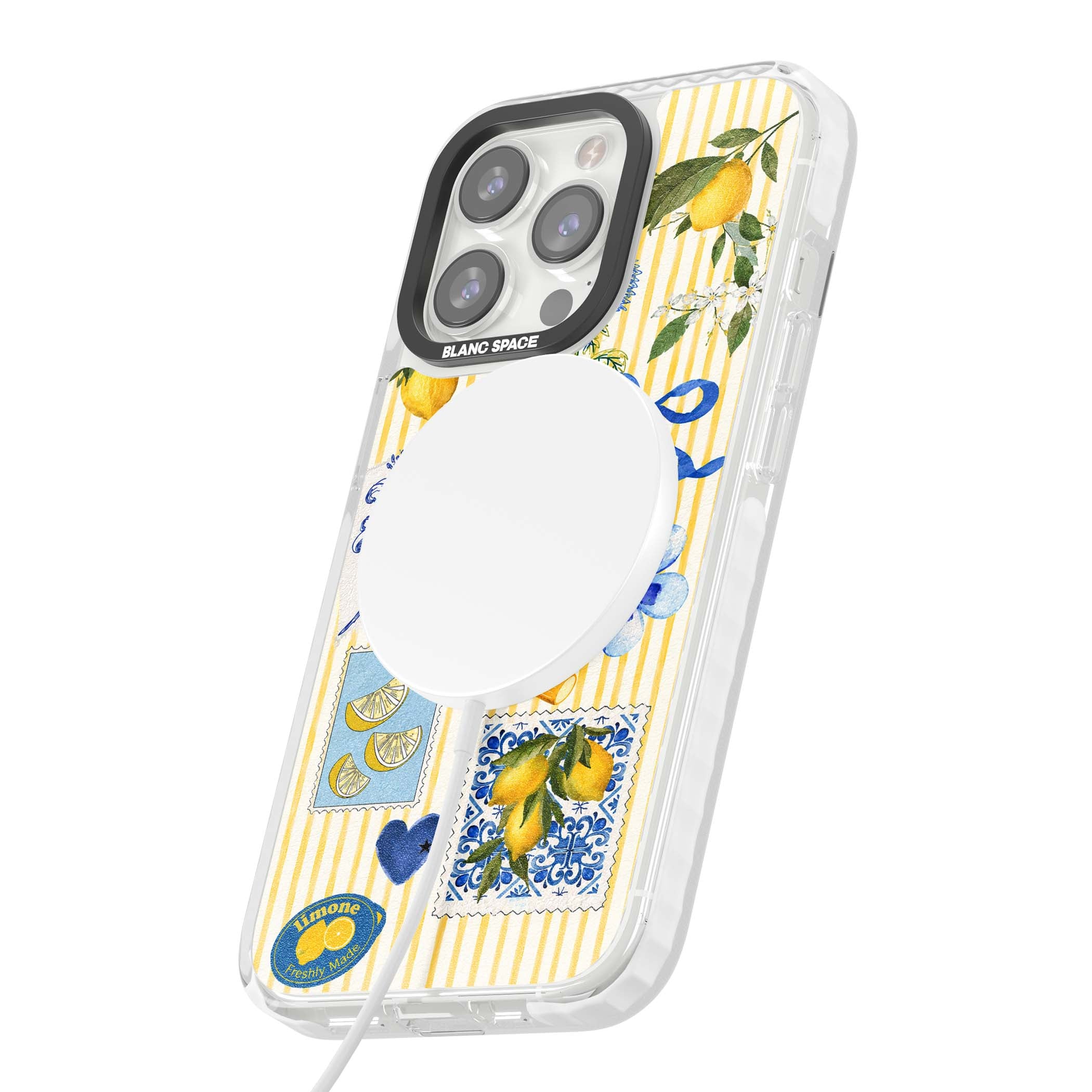 Limone Riviera Italian summer iPhone case featuring watercolour lemons, blue ribbon bows and majolica tile stamps on... | Impact Magsafe case for iPhone 13 Pro, iPhone 14 Pro, iPhone 15 Pro