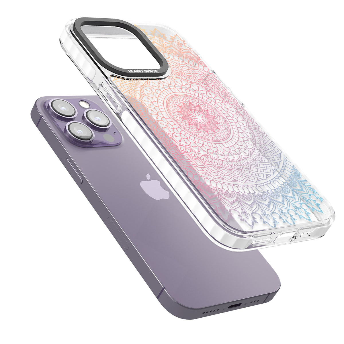 Pastel Mandala iPhone 13 Pro / iPhone 13 Pro Max / iPhone 14 Pro / iPhone 14 Pro Max / iPhone 15 Pro / iPhone 15 Pro Max Impact Pro Clear Phone Case angled