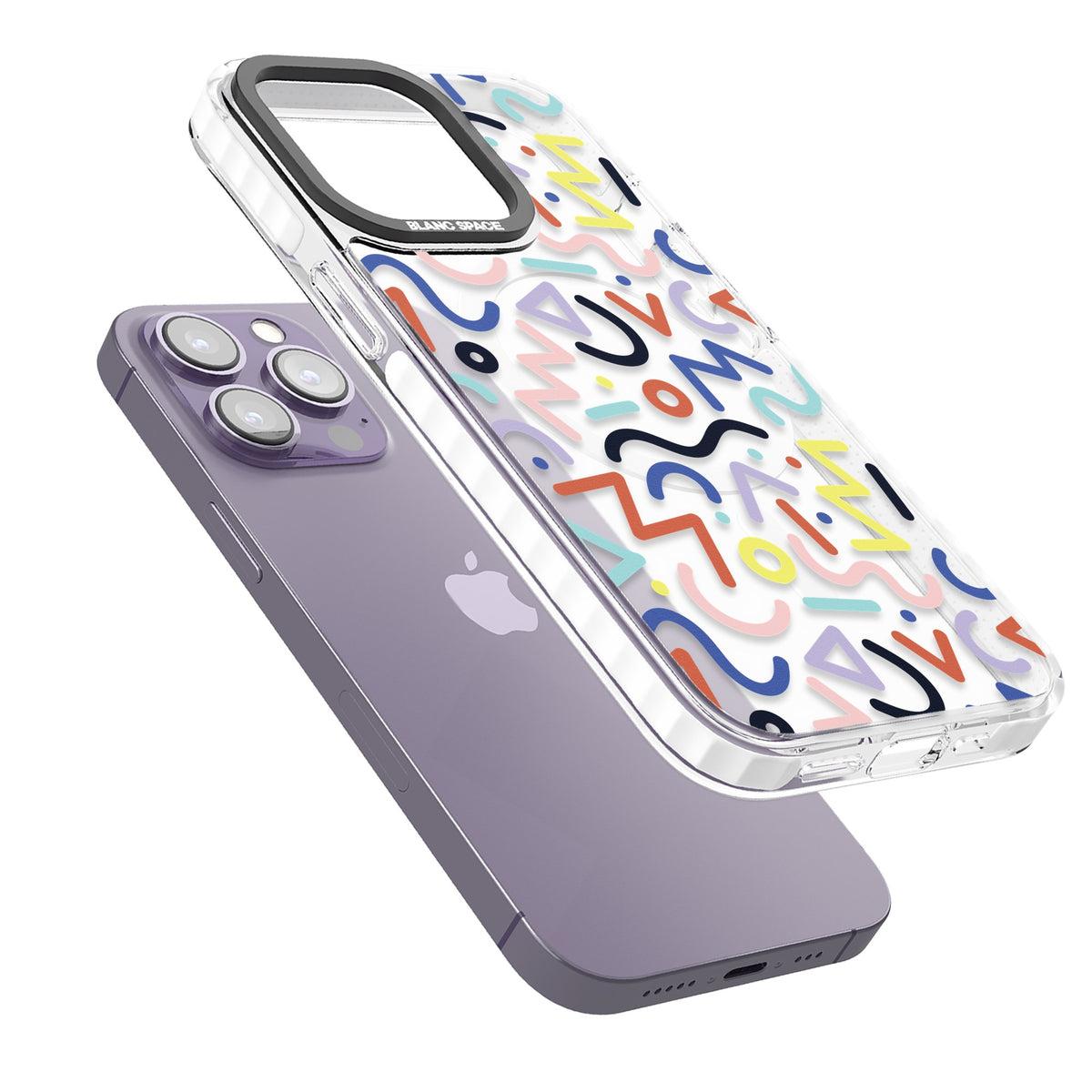 Memphis Retro Pattern iPhone 13 Pro / iPhone 13 Pro Max / iPhone 14 Pro / iPhone 14 Pro Max / iPhone 15 Pro / iPhone 15 Pro Max Impact Pro Clear Phone Case angled
