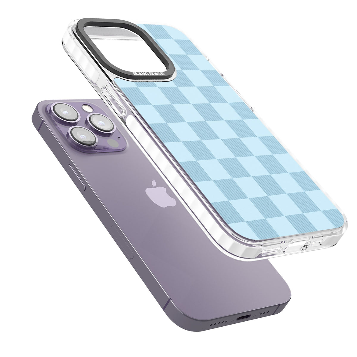 Skyblue Checkered iPhone 13 Pro / iPhone 13 Pro Max / iPhone 14 Pro / iPhone 14 Pro Max / iPhone 15 Pro / iPhone 15 Pro Max Impact Pro Clear Phone Case angled