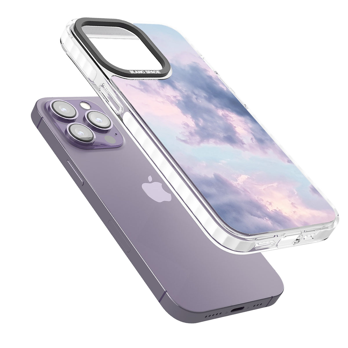 Lavender Clouds iPhone 13 Pro / iPhone 13 Pro Max / iPhone 14 Pro / iPhone 14 Pro Max / iPhone 15 Pro / iPhone 15 Pro Max Impact Pro Clear Phone Case angled