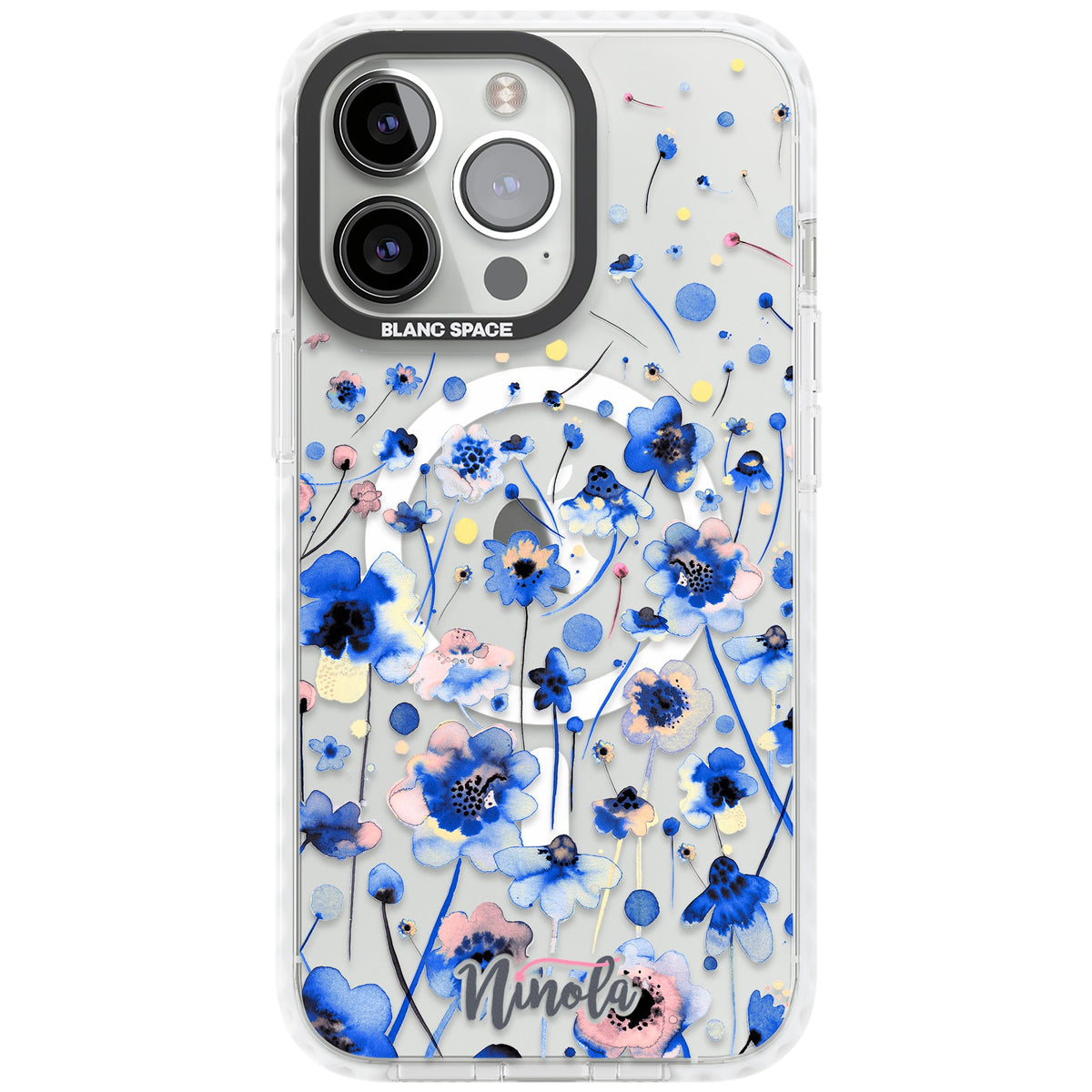 Ink Flowers Blue iPhone 13 Pro / iPhone 13 Pro Max / iPhone 14 Pro / iPhone 14 Pro Max / iPhone 15 Pro / iPhone 15 Pro Max Impact Pro Clear Phone Case front