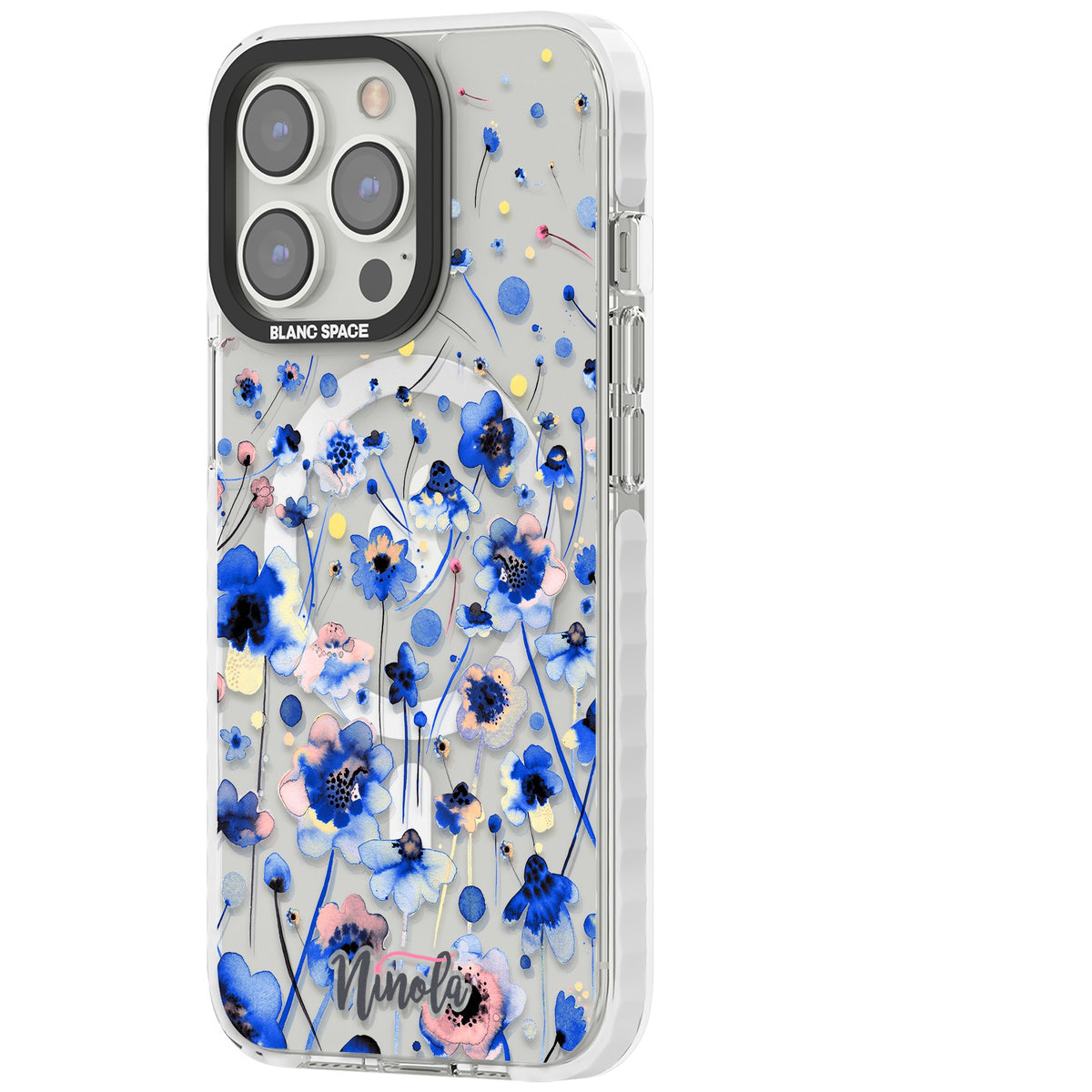Ink Flowers Blue iPhone 13 Pro / iPhone 13 Pro Max / iPhone 14 Pro / iPhone 14 Pro Max / iPhone 15 Pro / iPhone 15 Pro Max Impact Pro Clear Phone Case side