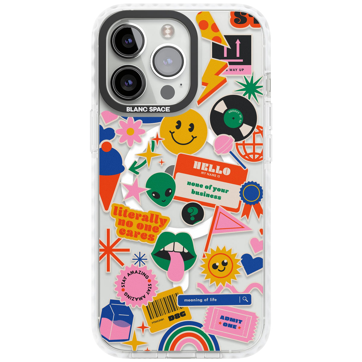 Nostalgic Sticker Vibes iPhone 13 Pro / iPhone 13 Pro Max / iPhone 14 Pro / iPhone 14 Pro Max / iPhone 15 Pro / iPhone 15 Pro Max Impact Pro Clear Phone Case front