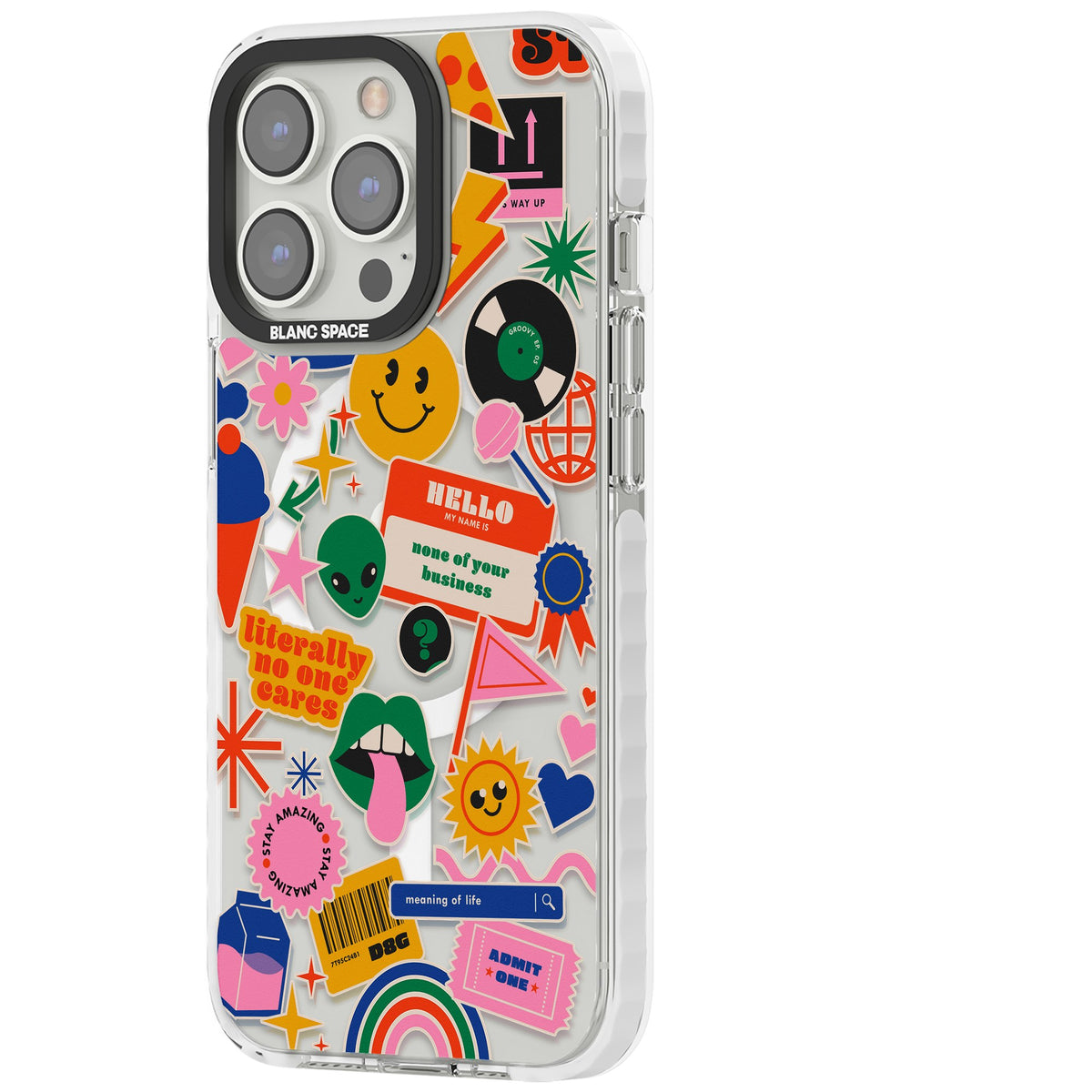 Nostalgic Sticker Vibes iPhone 13 Pro / iPhone 13 Pro Max / iPhone 14 Pro / iPhone 14 Pro Max / iPhone 15 Pro / iPhone 15 Pro Max Impact Pro Clear Phone Case side