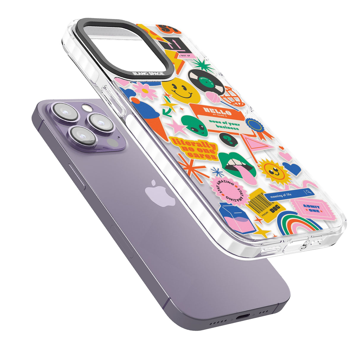 Nostalgic Sticker Vibes iPhone 13 Pro / iPhone 13 Pro Max / iPhone 14 Pro / iPhone 14 Pro Max / iPhone 15 Pro / iPhone 15 Pro Max Impact Pro Clear Phone Case angled