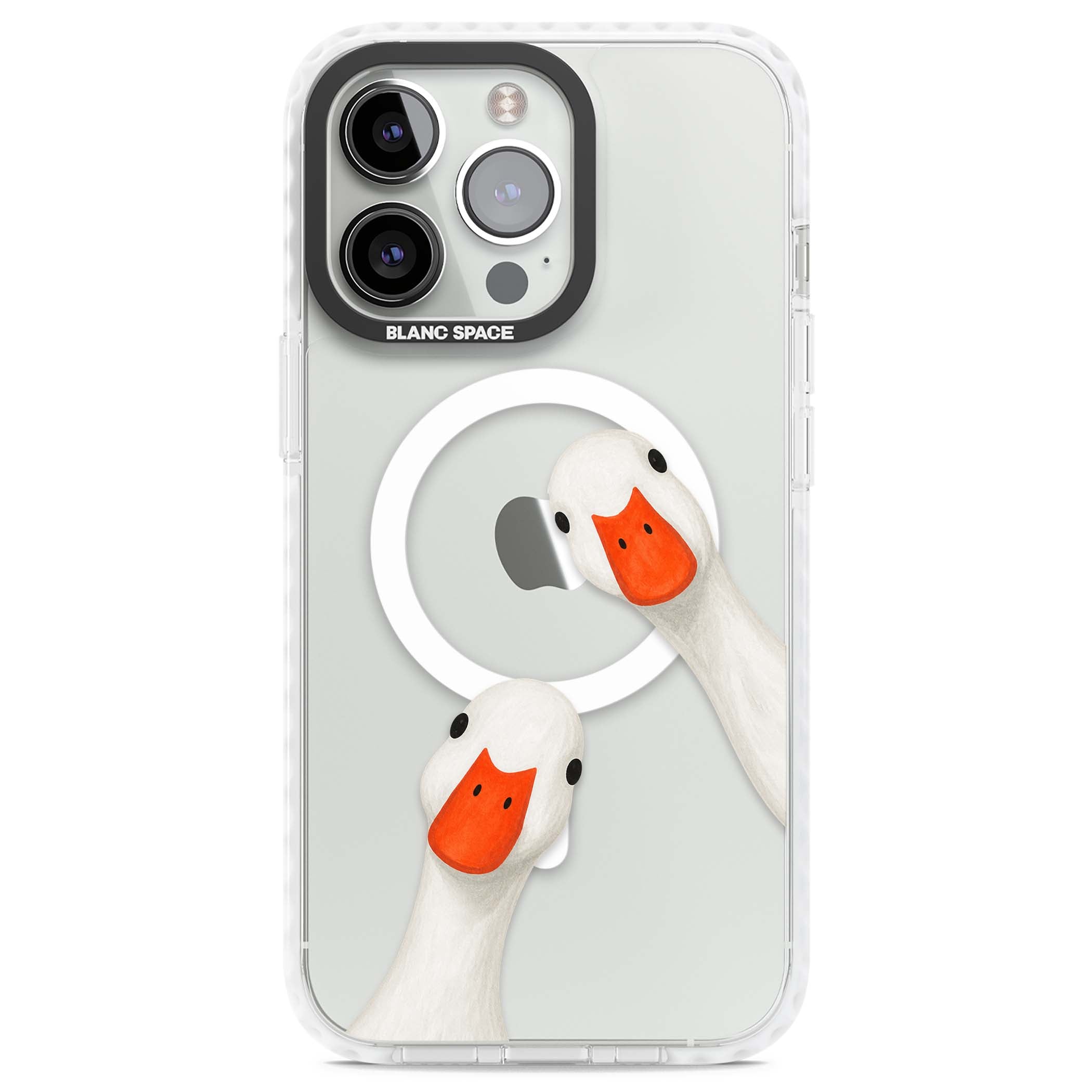 Nosy Ducks cottagecore iPhone case featuring two peeking white ducks with orange beaks on a clear background | Impact Magsafe case for iPhone 13 Pro, iPhone 14 Pro, iPhone 15 Pro