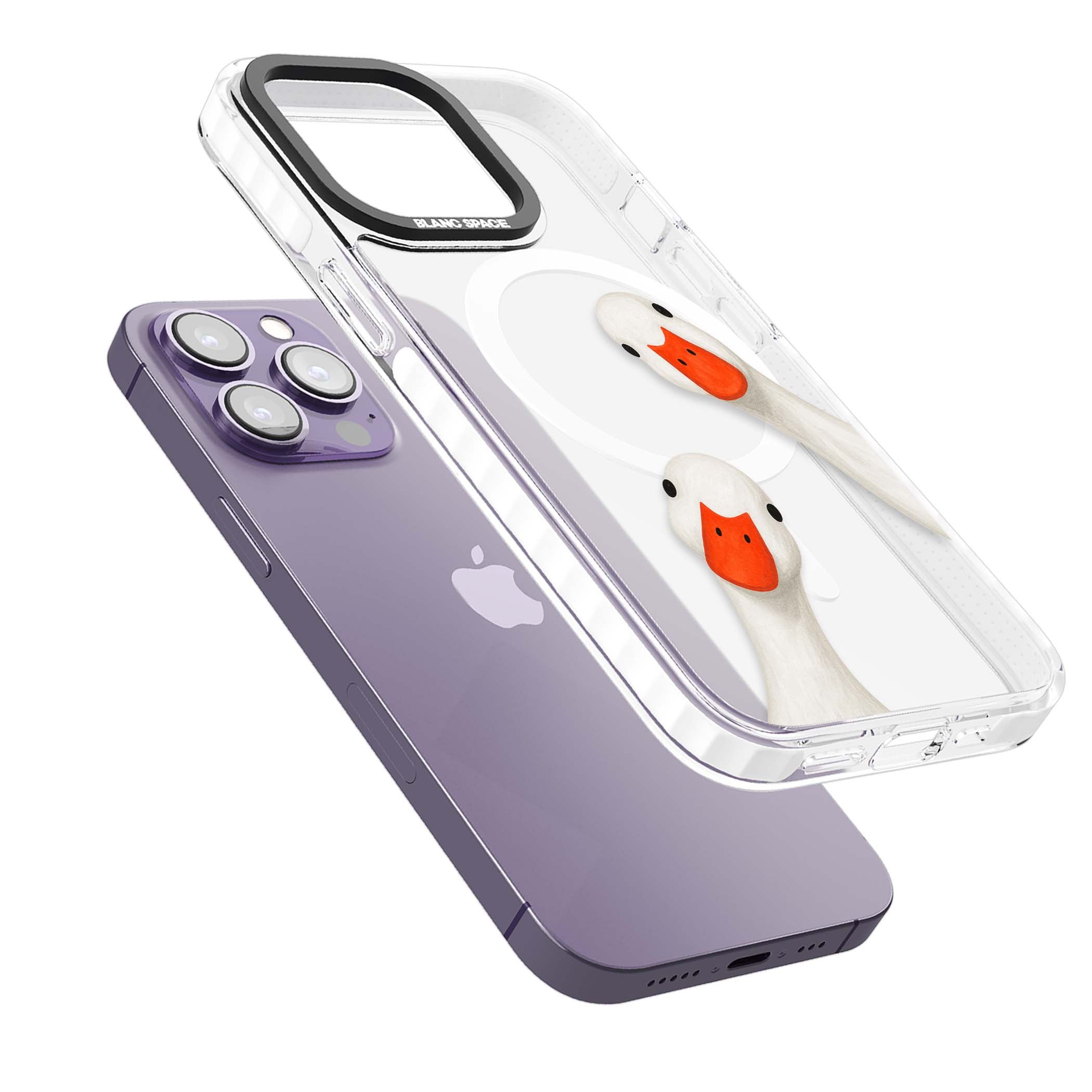 Nosy Ducks cottagecore iPhone case featuring two peeking white ducks with orange beaks on a clear background | Impact Magsafe case for iPhone 13 Pro, iPhone 14 Pro, iPhone 15 Pro