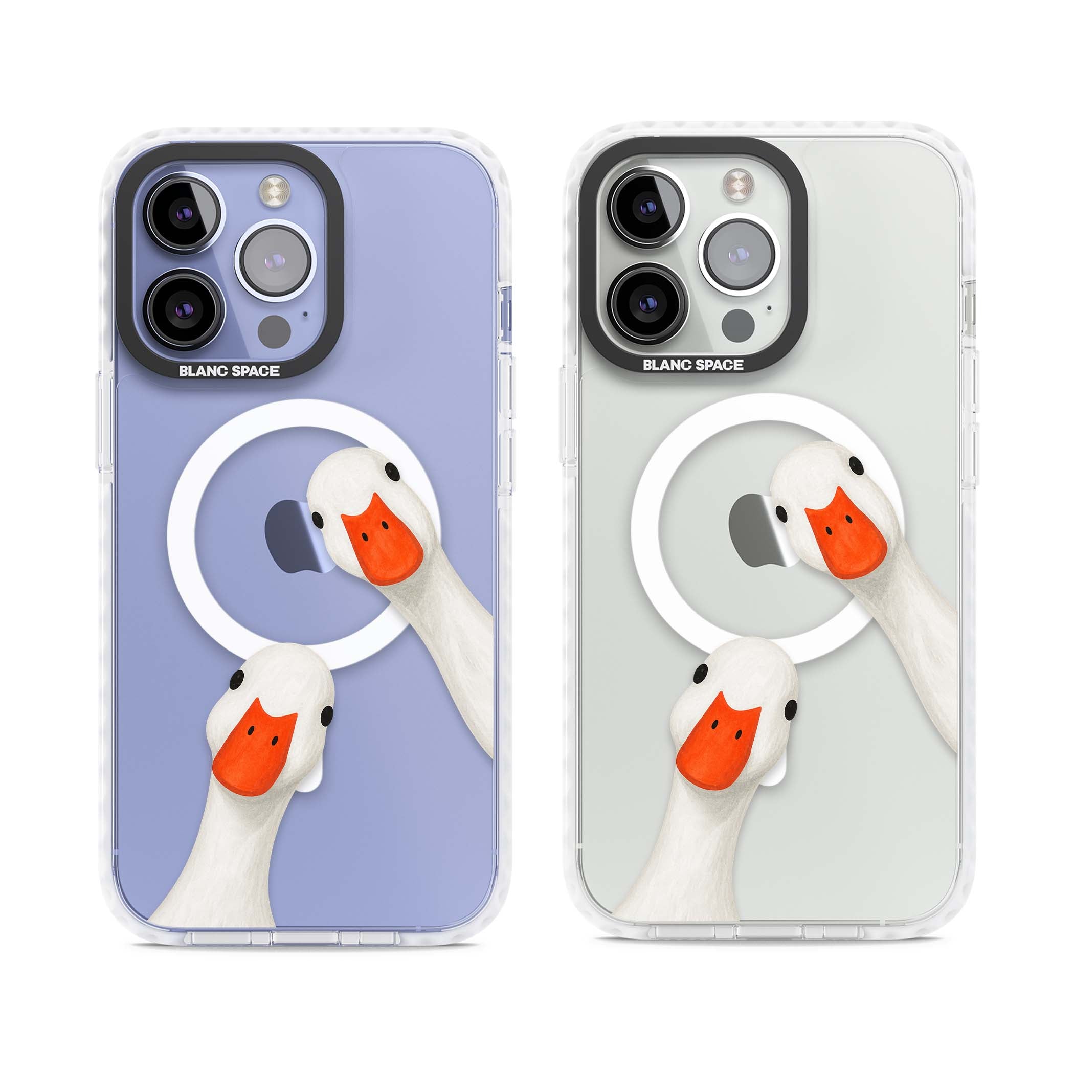 Nosy Ducks cottagecore iPhone case featuring two peeking white ducks with orange beaks on a clear background | Impact Magsafe case for iPhone 13 Pro, iPhone 14 Pro, iPhone 15 Pro