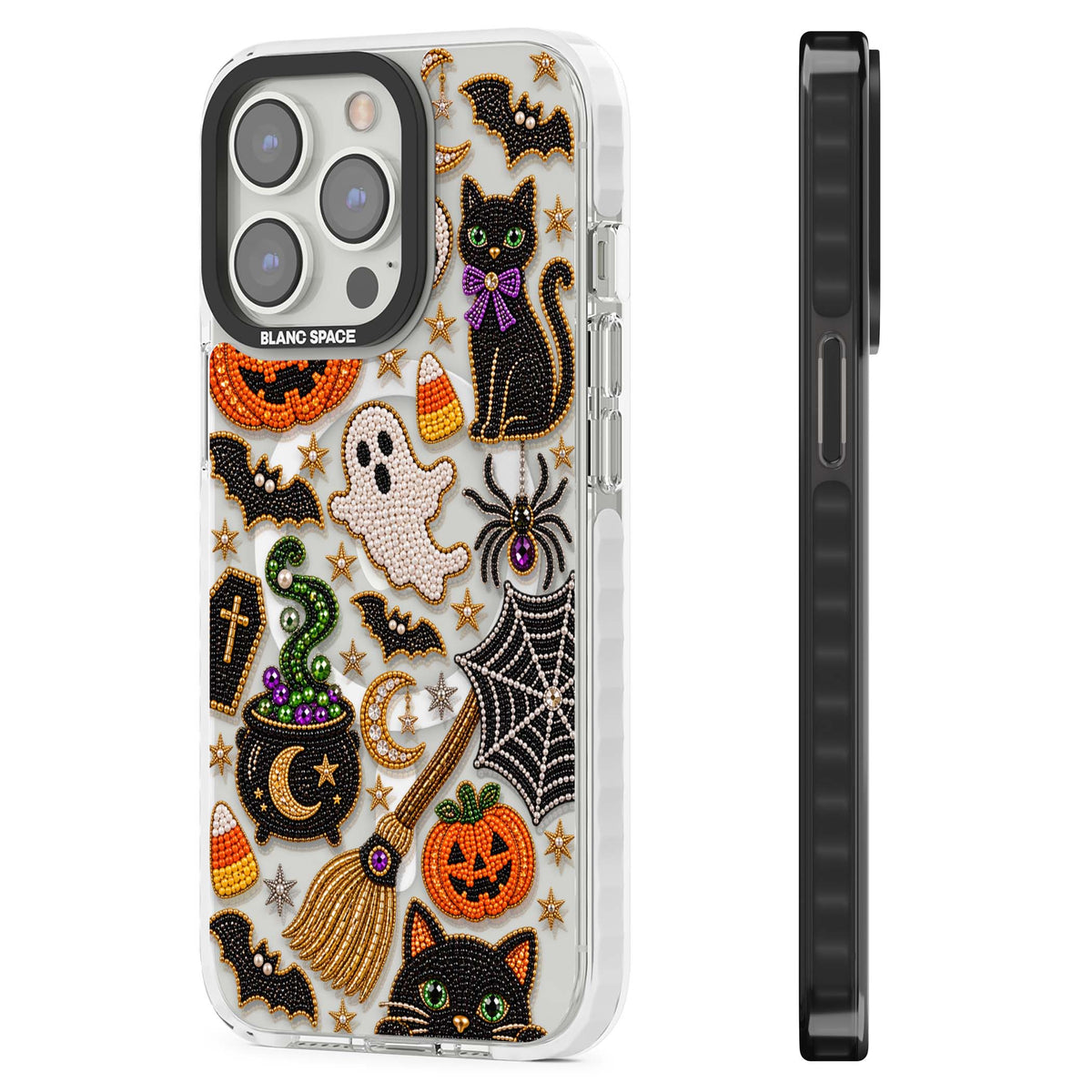 Beaded Halloween Halloween iPhone case featuring beaded pumpkins, ghosts, black cats and bats | Impact Magsafe case for iPhone 13 Pro, iPhone 14 Pro, iPhone 15 Pro