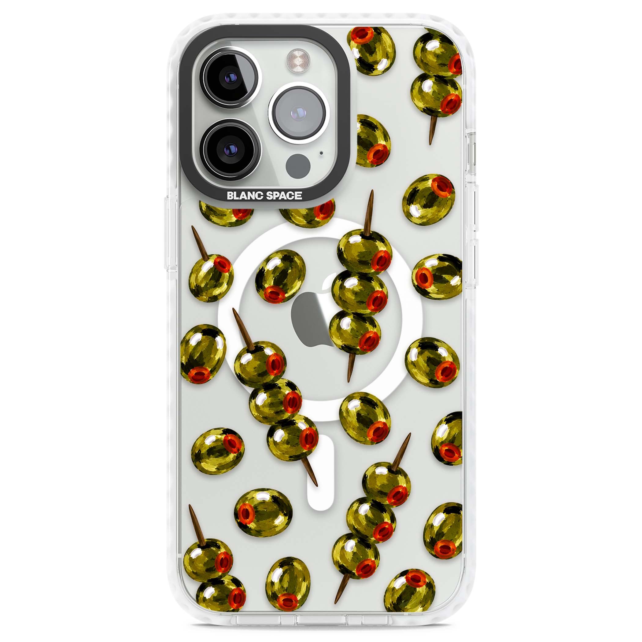 Painted Olives cocktail iPhone case featuring green olives, pimento centres and toothpick skewers on a clear background | Impact Magsafe case for iPhone 13 Pro, iPhone 14 Pro, iPhone 15 Pro