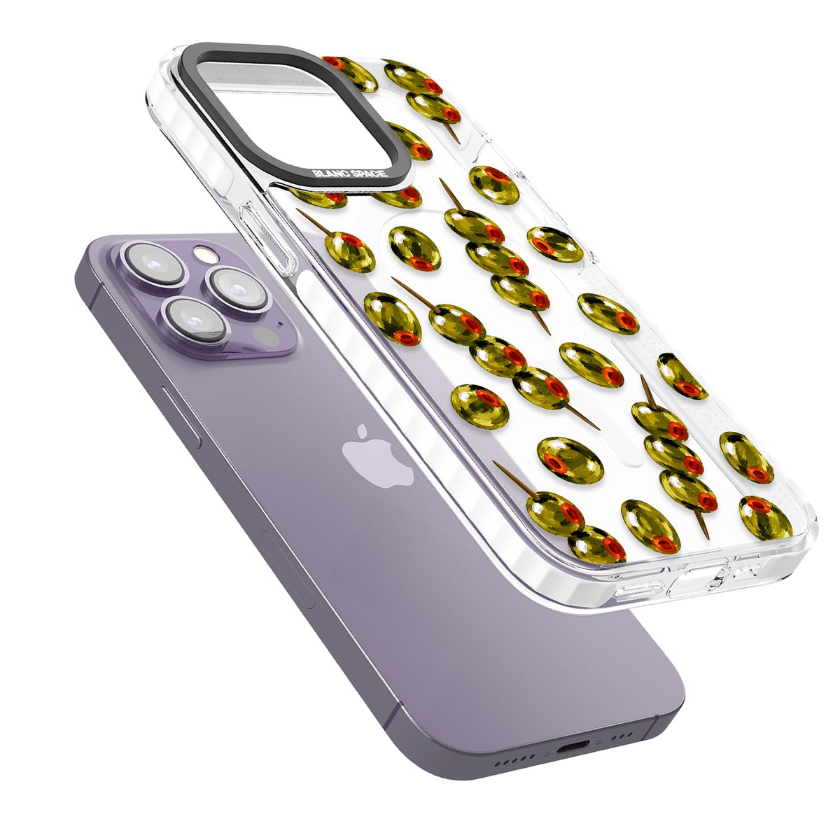 Painted Olives iPhone 13 Pro / iPhone 13 Pro Max / iPhone 14 Pro / iPhone 14 Pro Max / iPhone 15 Pro / iPhone 15 Pro Max Impact Pro Clear Phone Case angled
