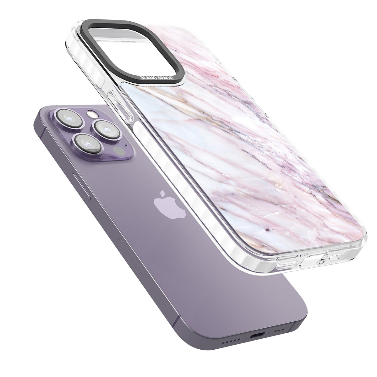 Blush Marble Glow iPhone 13 Pro / iPhone 13 Pro Max / iPhone 14 Pro / iPhone 14 Pro Max / iPhone 15 Pro / iPhone 15 Pro Max Impact Pro Clear Phone Case angled