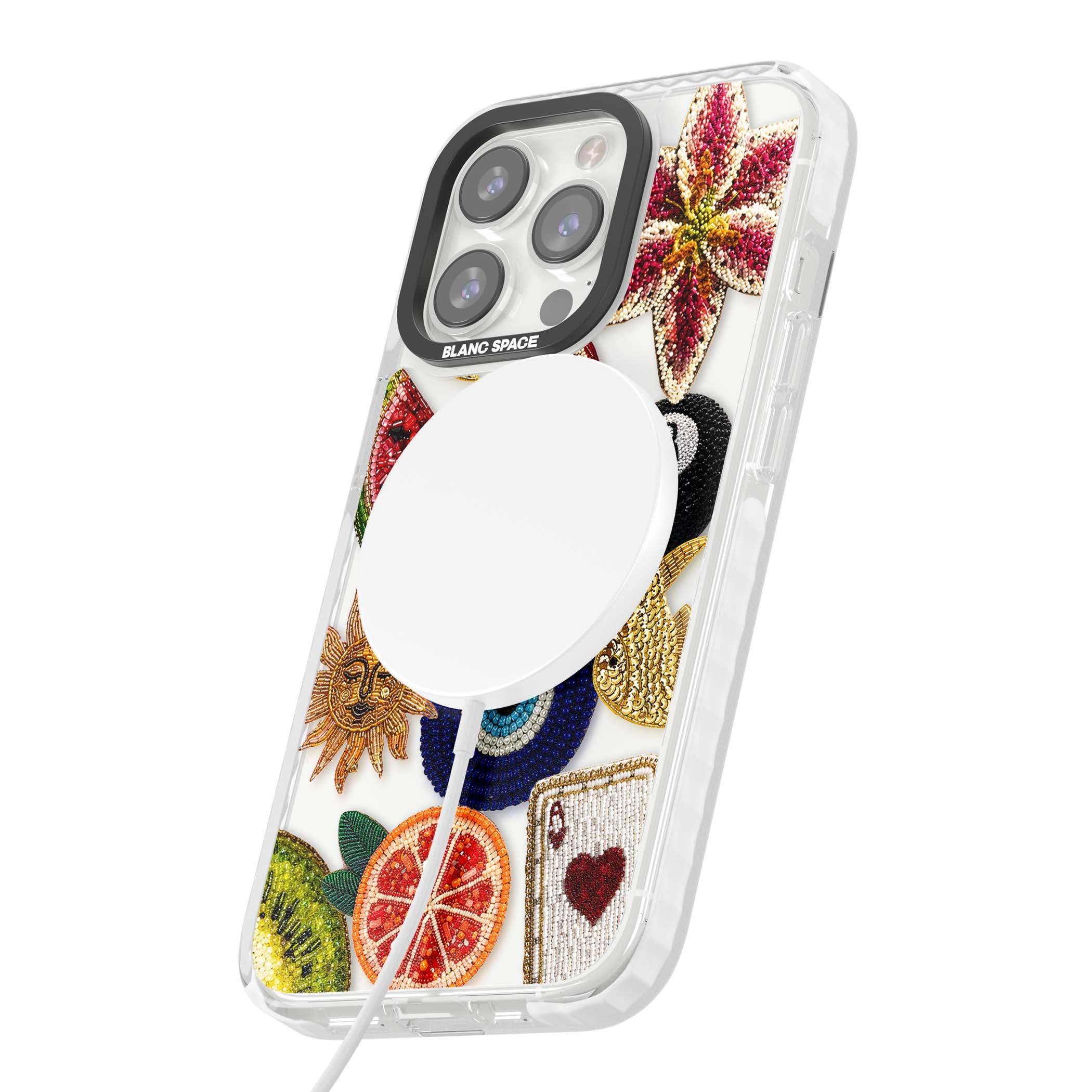 Beaded Charms embroidery iPhone case featuring beaded evil eye, fruit patches and a golden sun motif | Impact Magsafe case for iPhone 13 Pro, iPhone 14 Pro, iPhone 15 Pro