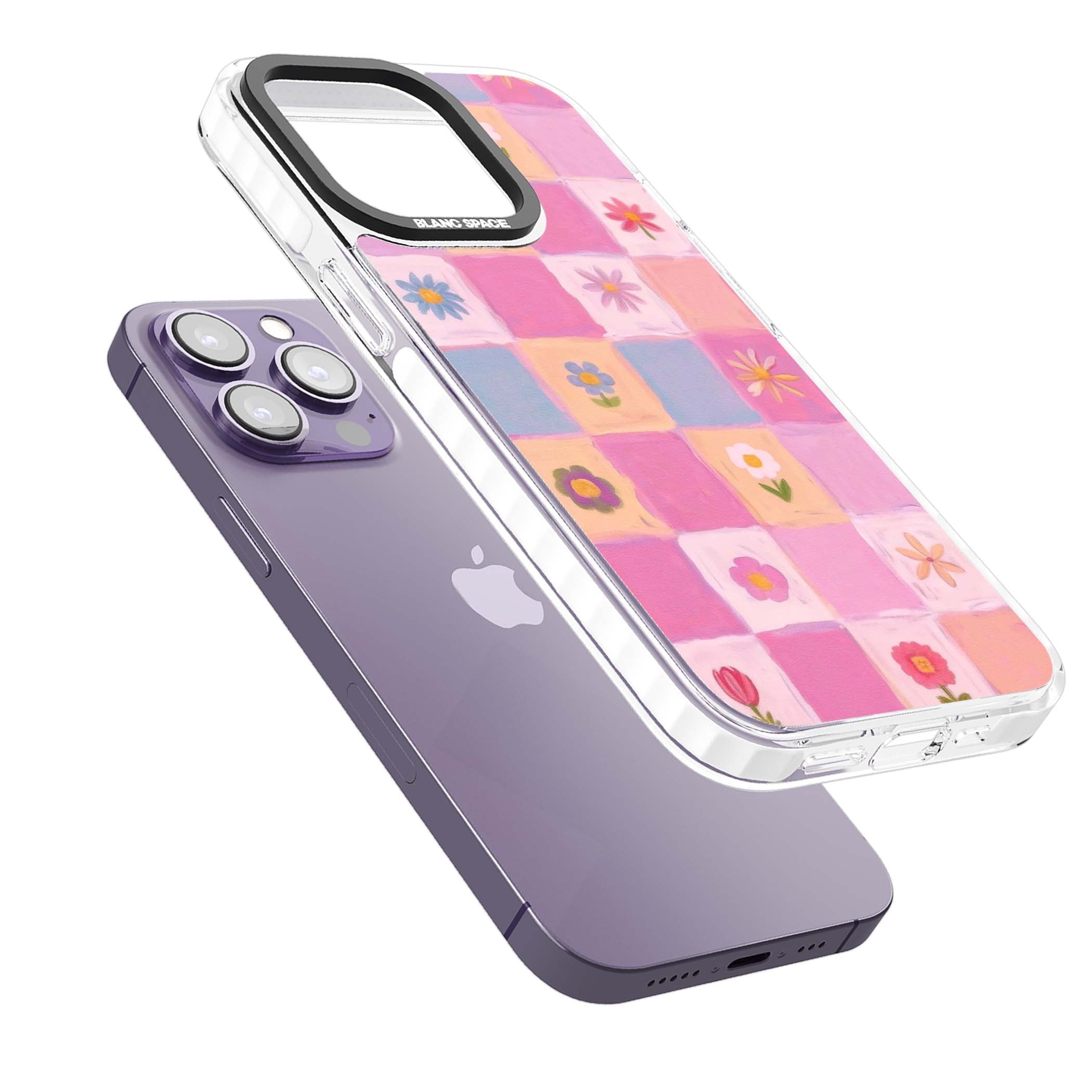 Pastel Flower Patchwork cottagecore iPhone case featuring painted pink and lilac squares with daisies and wildflowers | Impact Magsafe case for iPhone 13 Pro, iPhone 14 Pro, iPhone 15 Pro