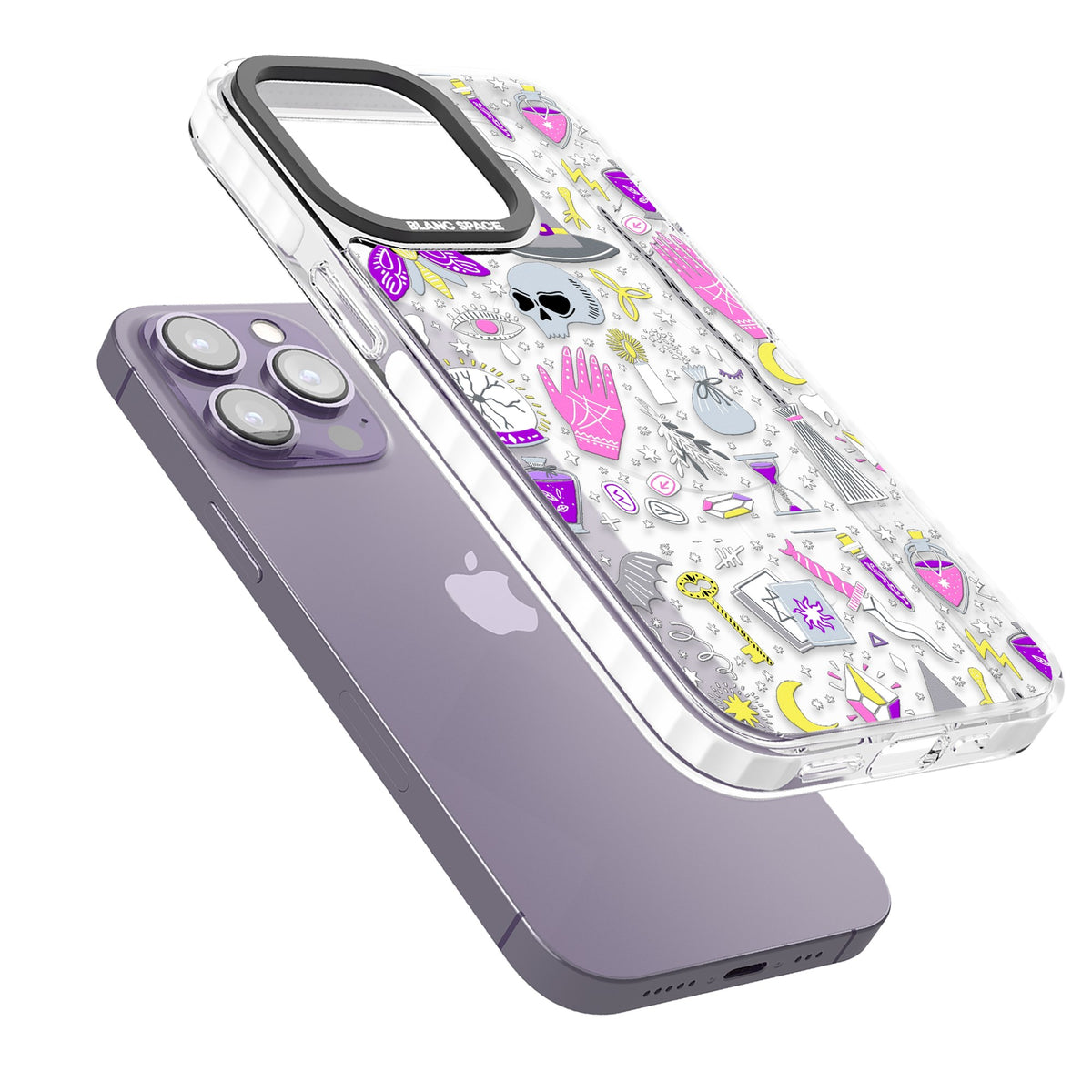 Black Magic Pattern iPhone 13 Pro / iPhone 13 Pro Max / iPhone 14 Pro / iPhone 14 Pro Max / iPhone 15 Pro / iPhone 15 Pro Max Impact Pro Clear Phone Case angled