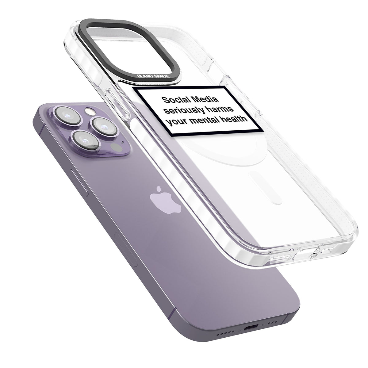 Social Media Harms iPhone 13 Pro / iPhone 13 Pro Max / iPhone 14 Pro / iPhone 14 Pro Max / iPhone 15 Pro / iPhone 15 Pro Max Impact Pro Clear Phone Case angled