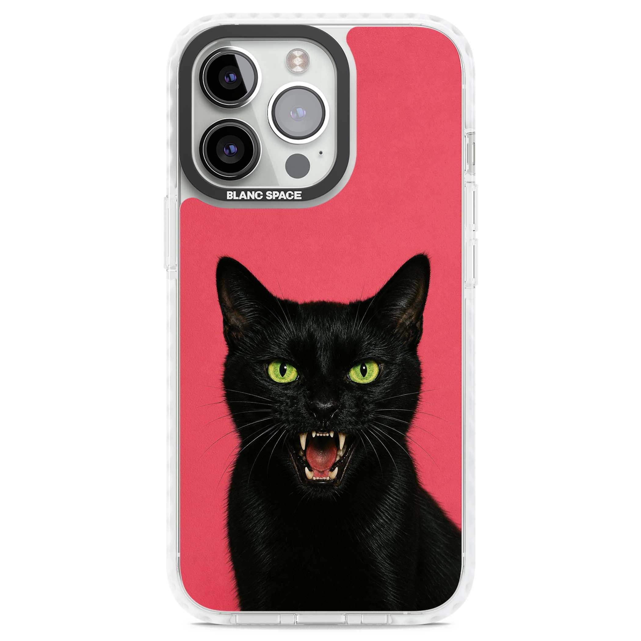 Hissin' Baddie black cat iPhone case featuring a hissing feline with green eyes on a hot pink background | Impact Magsafe case for iPhone 13 Pro, iPhone 14 Pro, iPhone 15 Pro