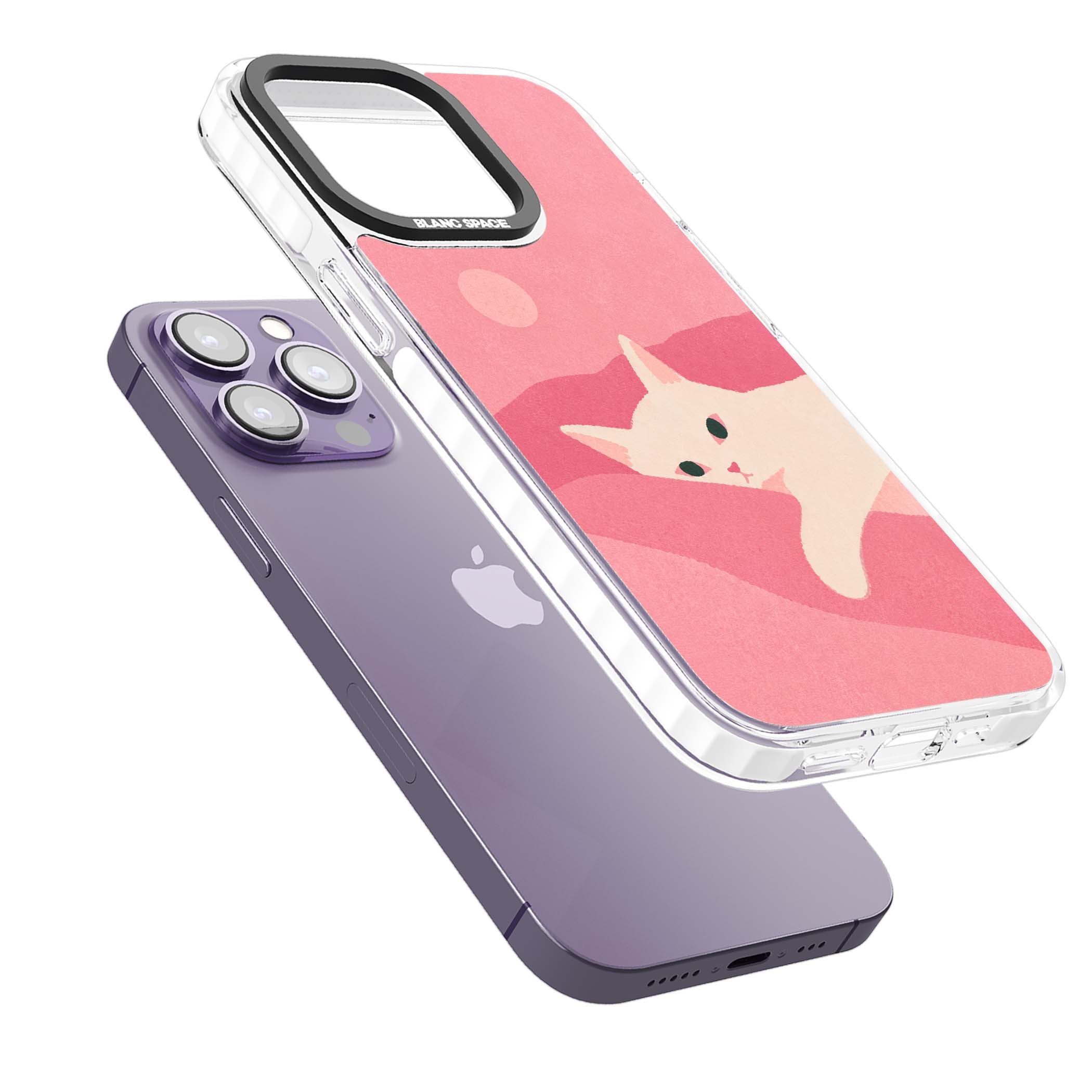 Pink Dreams cute cat iPhone case featuring a white kitten, soft pink hills and a pale pastel sun | Impact Magsafe case for iPhone 13 Pro, iPhone 14 Pro, iPhone 15 Pro