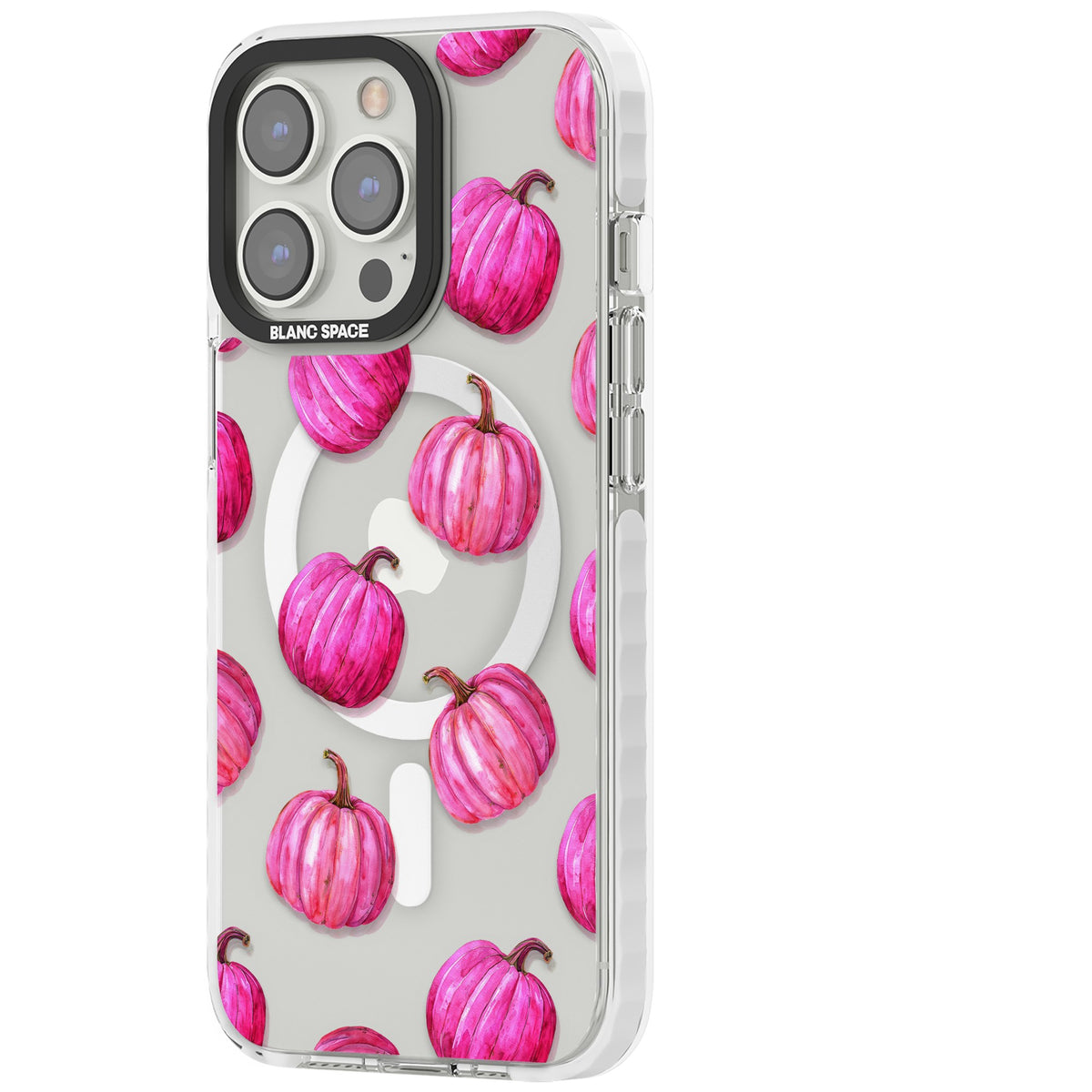 Pink Pumpkins iPhone 13 Pro / iPhone 13 Pro Max / iPhone 14 Pro / iPhone 14 Pro Max / iPhone 15 Pro / iPhone 15 Pro Max Impact Pro Clear Phone Case side