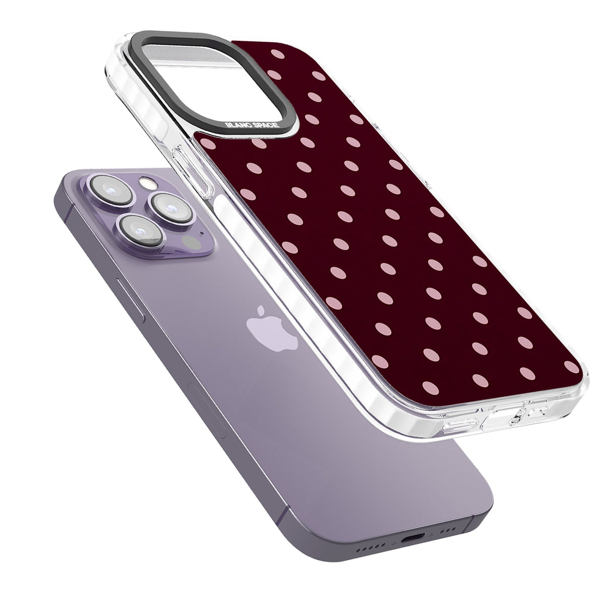 Merlot Dots polka dot iPhone case featuring dusty pink spots on a deep burgundy background in a retro grid iPhone 12 Pro Max / iPhone 13 Pro / iPhone 13 Pro Max / iPhone 14 Pro / iPhone 14 Pro Max / iPhone 15 Pro / iPhone 15 Pro Max Impact Pro Clear Phone Case angled