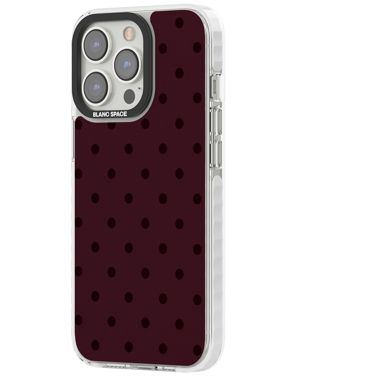 Burgundy Polka Dot minimalist iPhone case featuring black polka dots on a deep burgundy wine red background iPhone 12 Pro Max / iPhone 13 Pro / iPhone 13 Pro Max / iPhone 14 Pro / iPhone 14 Pro Max / iPhone 15 Pro / iPhone 15 Pro Max Impact Pro Clear Phone Case side
