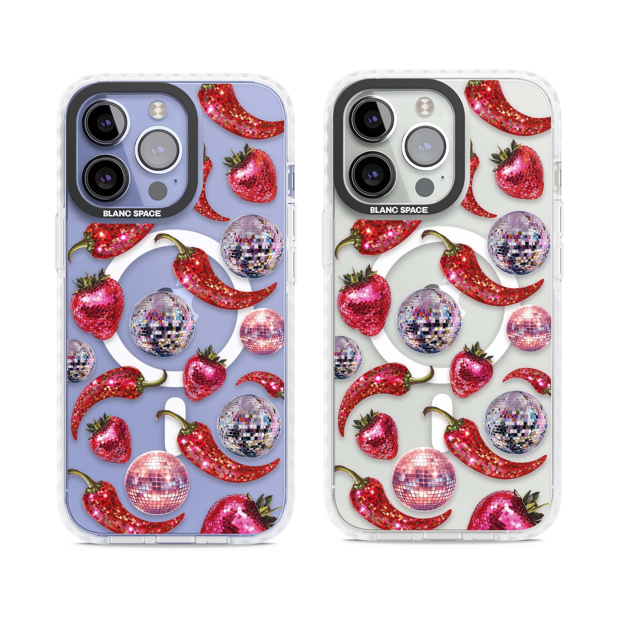 Spicy Disco Y2K iPhone case featuring glitter disco balls, sparkly strawberries and red chilli peppers | Impact Magsafe case for iPhone 13 Pro, iPhone 14 Pro, iPhone 15 Pro