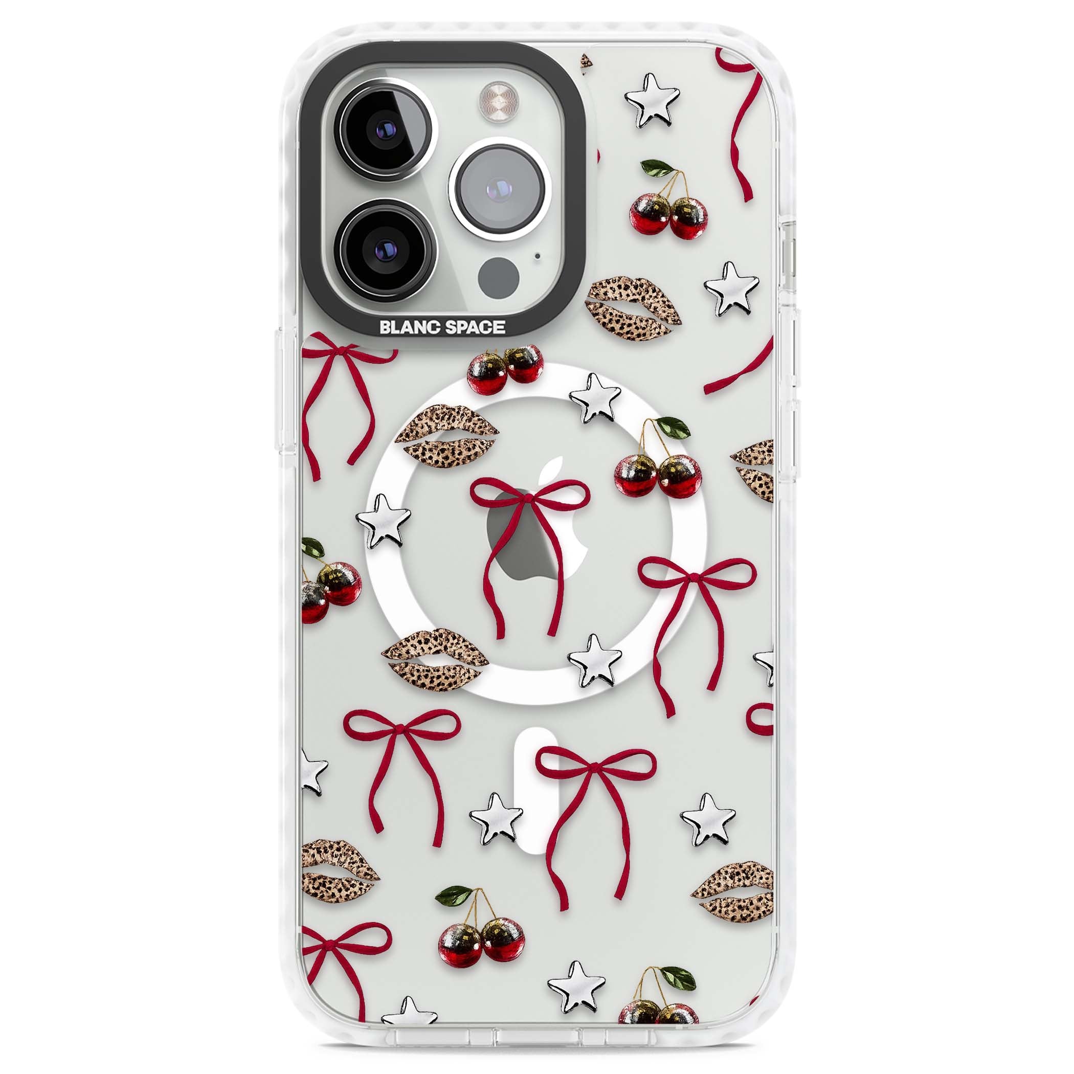 Starlet coquette iPhone case featuring red ribbon bows, disco cherries and leopard-print lips | Impact Magsafe case for iPhone 13 Pro, iPhone 14 Pro, iPhone 15 Pro